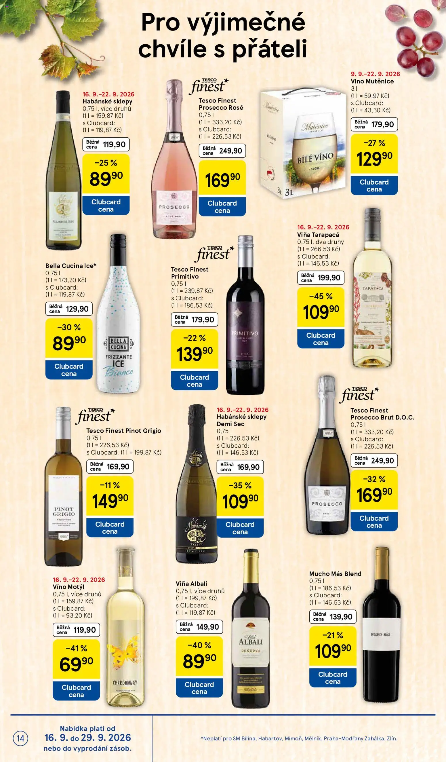 Tesco leták - Supermarket od 16.09.2026 | Strana: 14 | Produkty: Bílé víno, Tarapaca, Finest, Prosecco rosé
