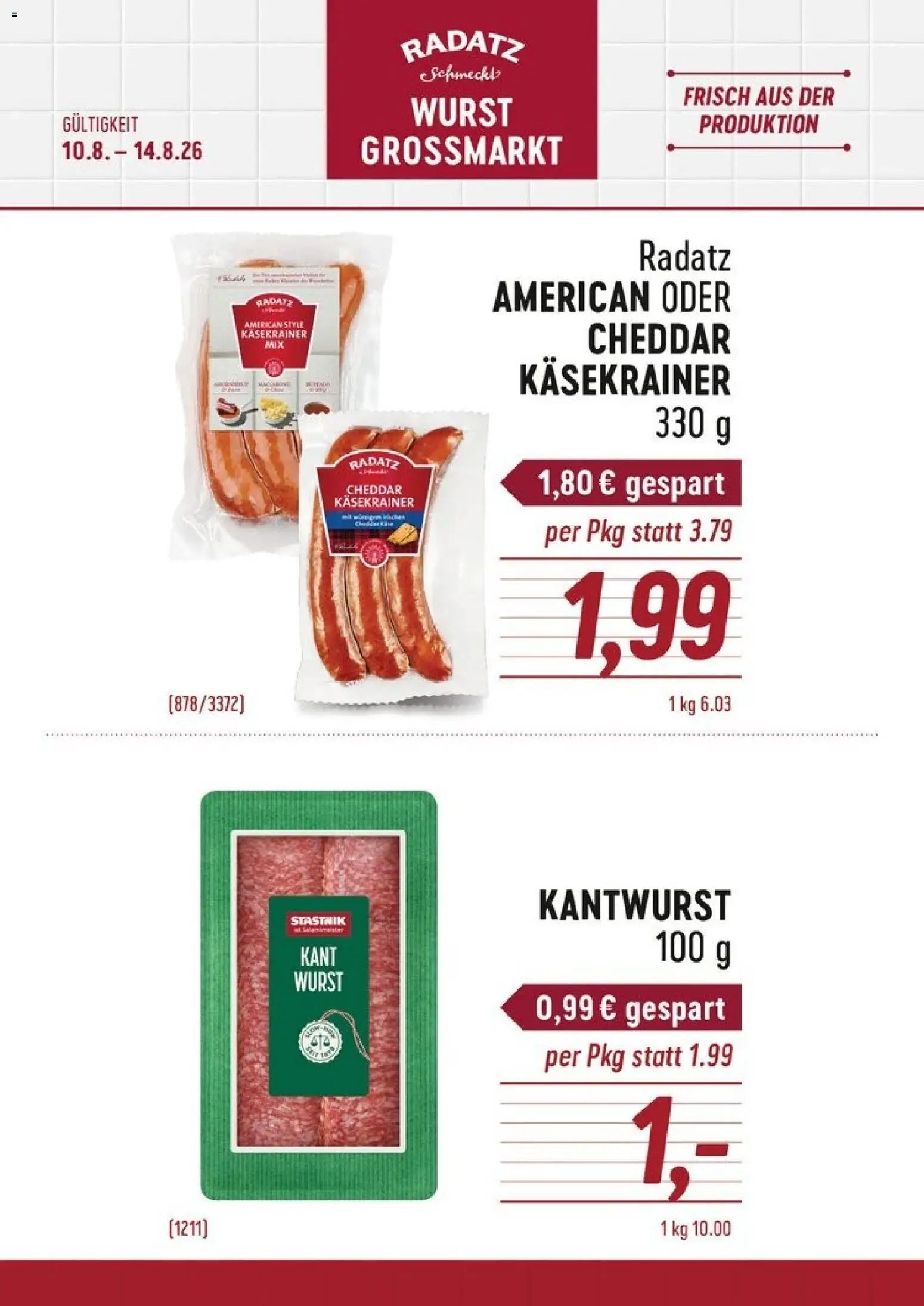 Radatz Käsekrainer und Kantwurst gültig ab 10.08.2026 | Seite: 1 | Produkte: Wurst