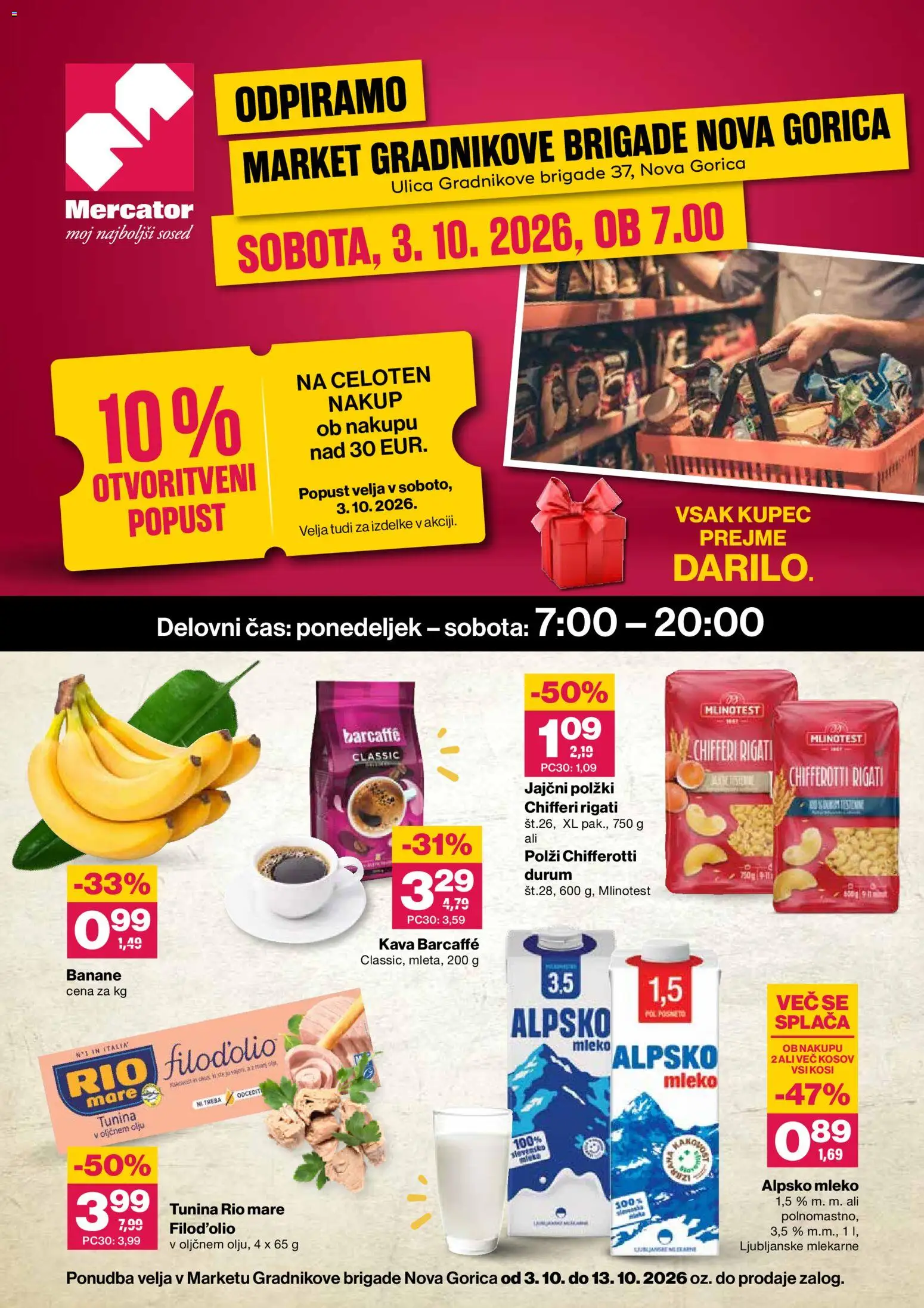 Novi Mercator katalog ponudbe – veljaven od 03.10.2026 | Stran: 1 | Izdelki: Tuna, Mleko, Kava, Banane