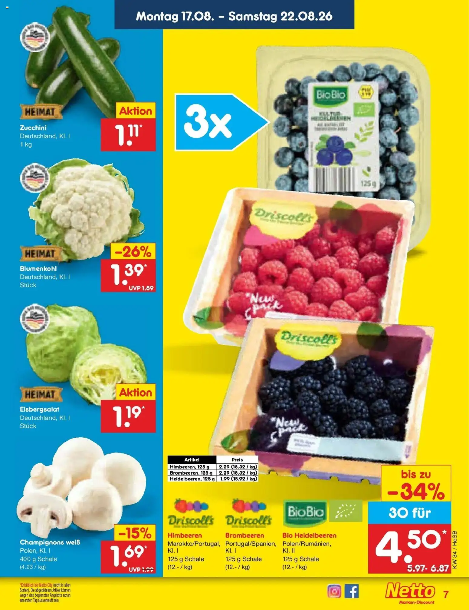 Netto Marken-Discount Prospekt Hamburg – gültig ab 17.08.2026 | Seite: 9 | Produkte: Himbeeren, Eisbergsalat, Champignons, Blumenkohl
