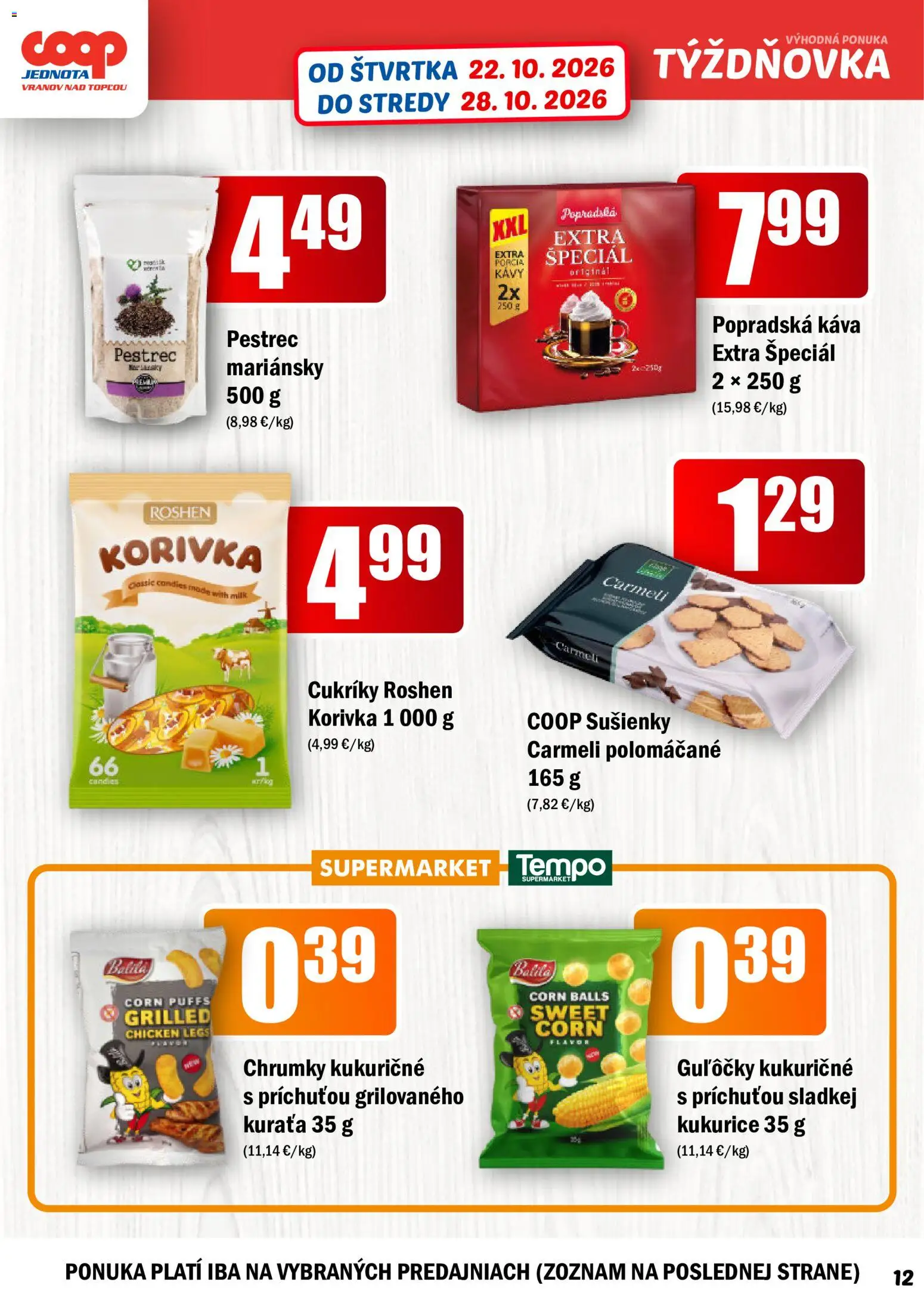 Nové COOP Jednota akcie – leták je platný od 22.10.2026 | Strana: 12 | Produkty: Káva, Popradská káva, Sušienky, Cukríky