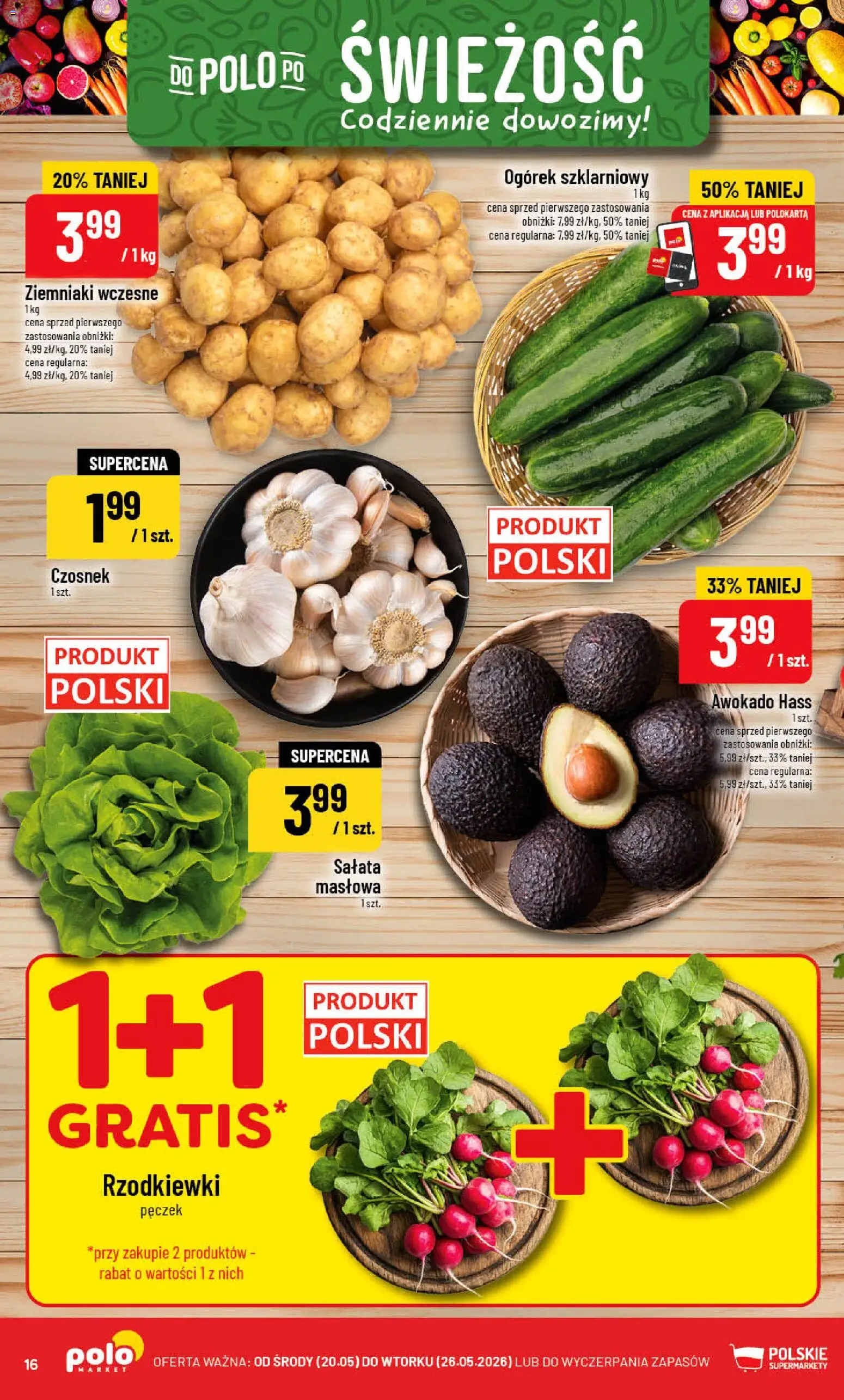 POLOmarket gazetka od 20.05.2026 | Strona: 16 | Produkty: Czosnek, Ogórek szklarniowy, Awokado, Ziemniaki