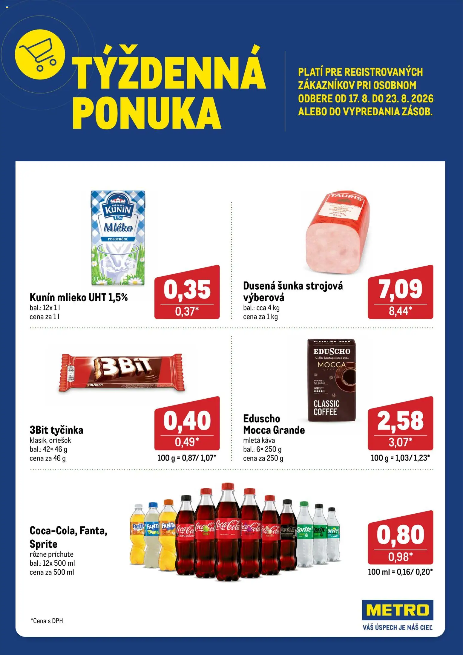 Nové Metro akcie – leták je platný od 17.08.2026 | Strana: 1 | Produkty: Mlieko, Sprite, Mletá káva, Cola