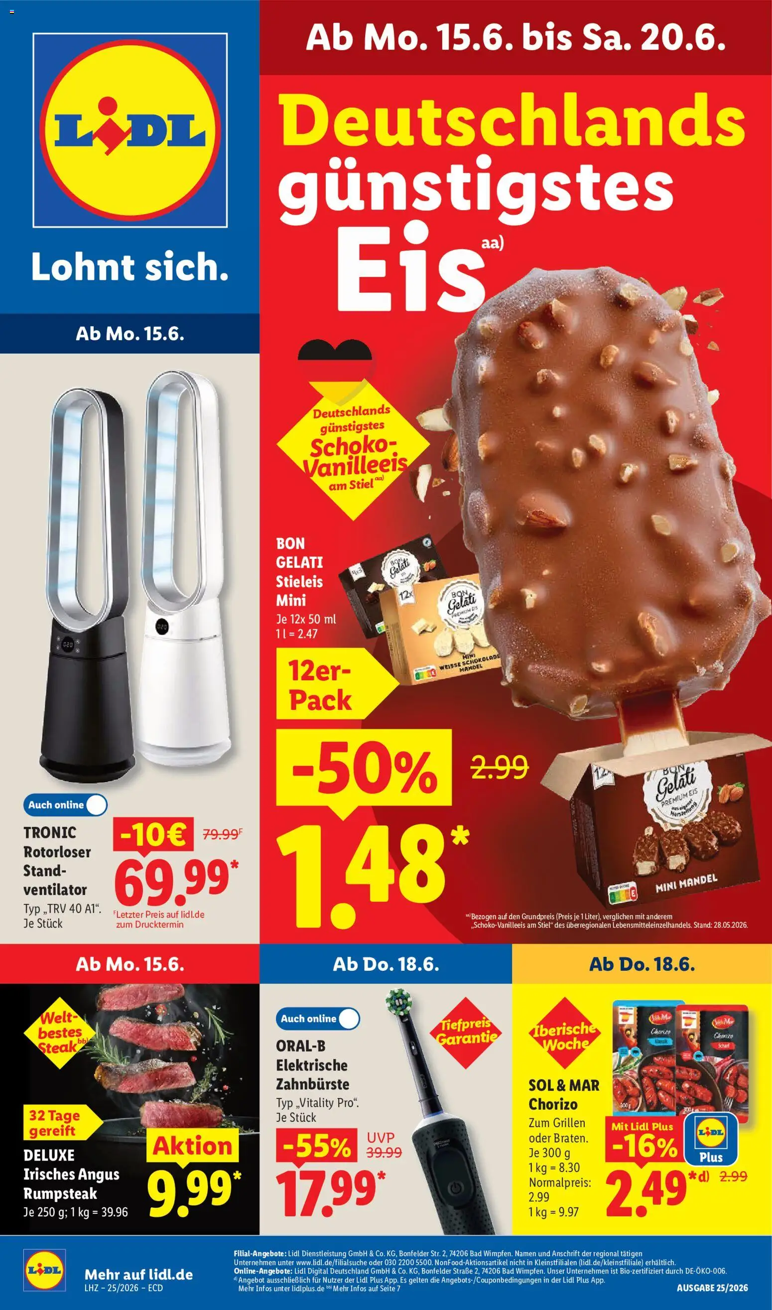 Lidl Německo leták od 15.06.2026 | Strana: 1 | Produkty: Rumpsteak, Deluxe, Ventilátor, Chorizo