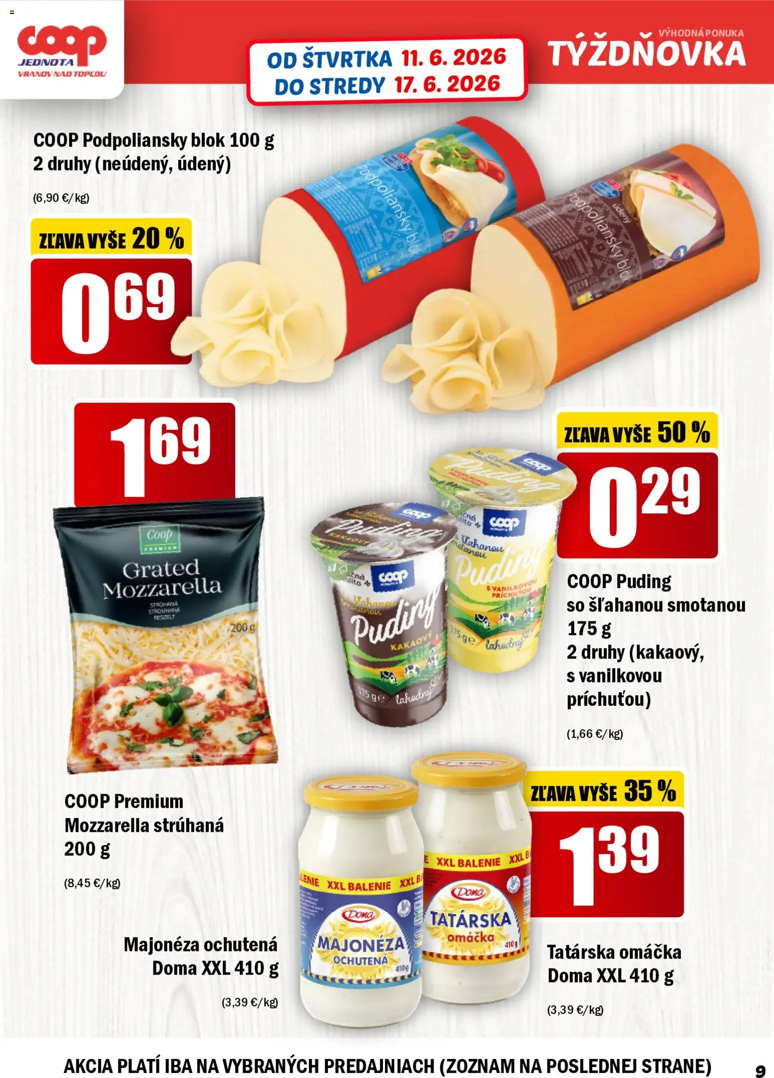 Nové COOP Jednota akcie – leták je platný od 11.06.2026 | Strana: 9 | Produkty: Mozzarella, Puding, Tatárska omáčka, Omáčka
