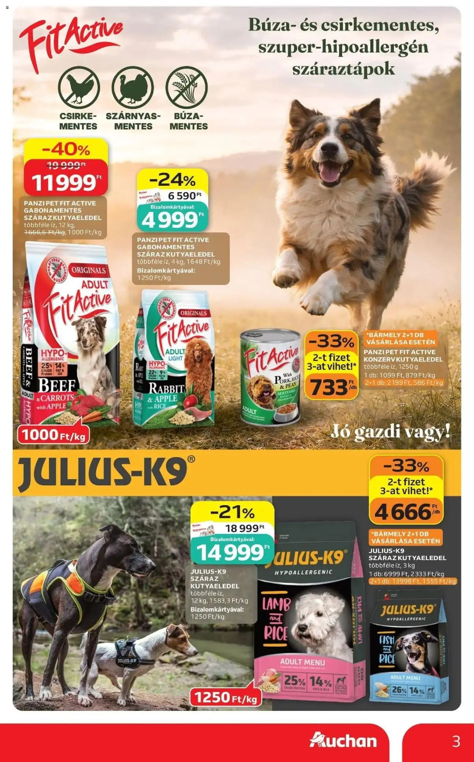 Auchan akciós újság Fót - 2026.10.02. -tól/töl > akció, lapozható szórólap 🛍️ | Oldal: 3 | Termékek: Búza, Csirke, Kutyaeledel, Protein