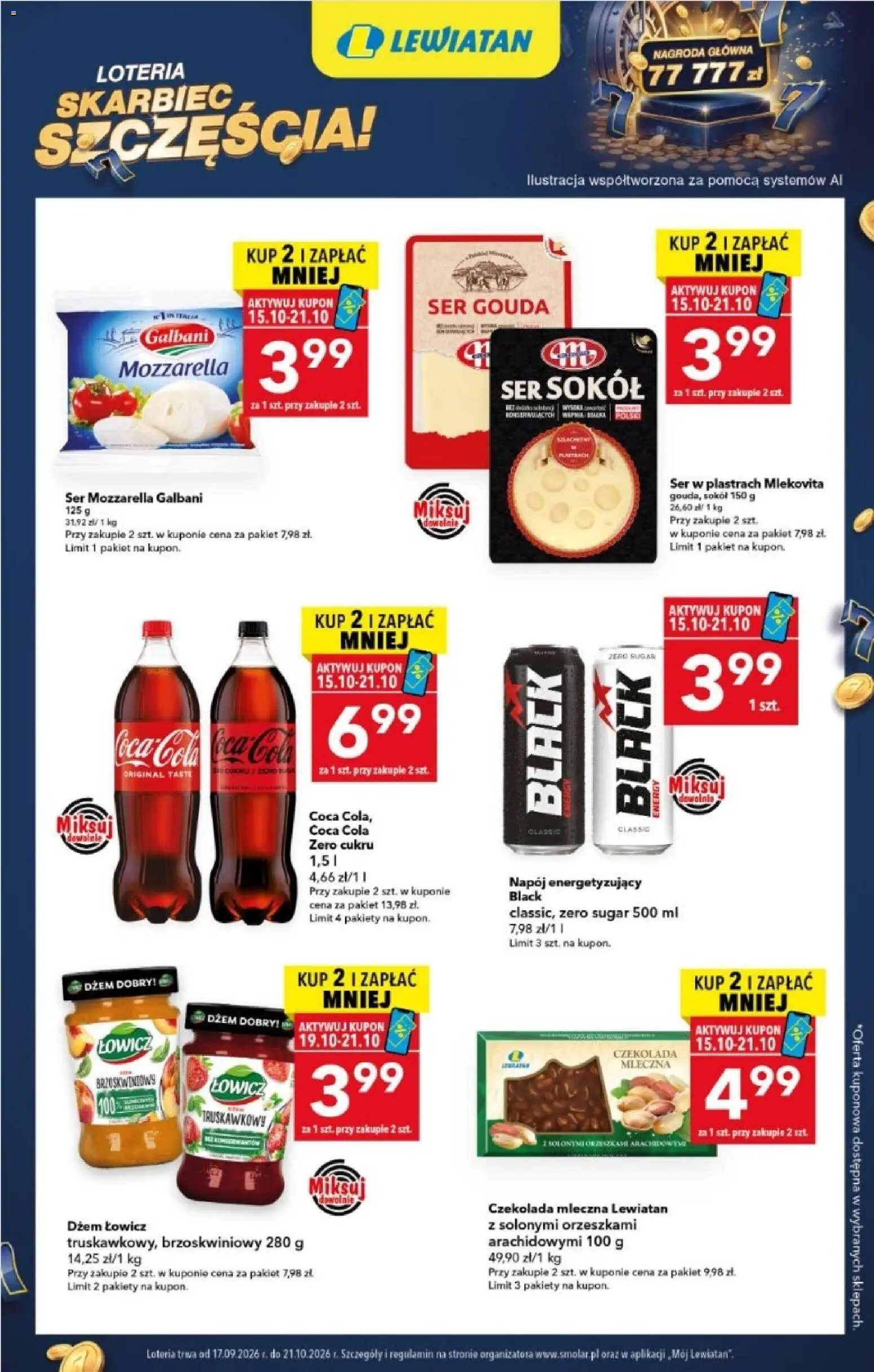 Lewiatan gazetka - Skarbiec Szczęścia od 15.10.2026 | Strona: 1 | Produkty: Coca Cola zero, Coca cola, Dżem, Mozzarella