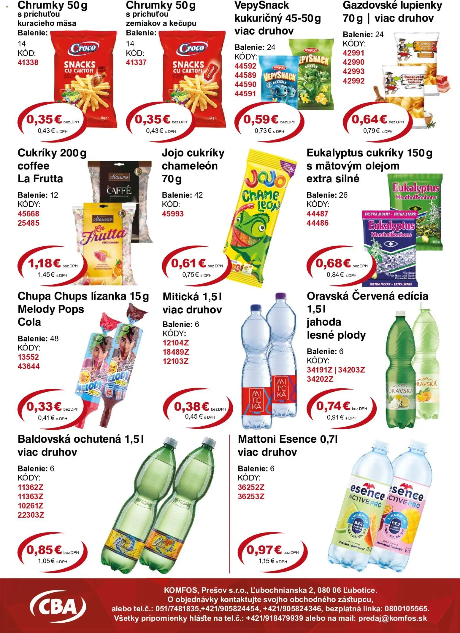 Nové CBA Komfos akcie – leták je platný od 21.08.2026 | Strana: 8 | Produkty: Cukríky, Mango, Cola, Baldovská