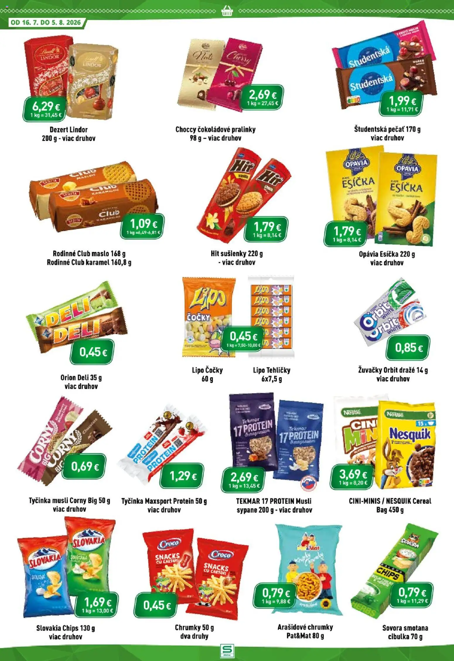 Nové Sintra akcie – leták je platný od 16.07.2026 | Strana: 8 | Produkty: Müsli, Smotana, Lindor, Študentská pečať