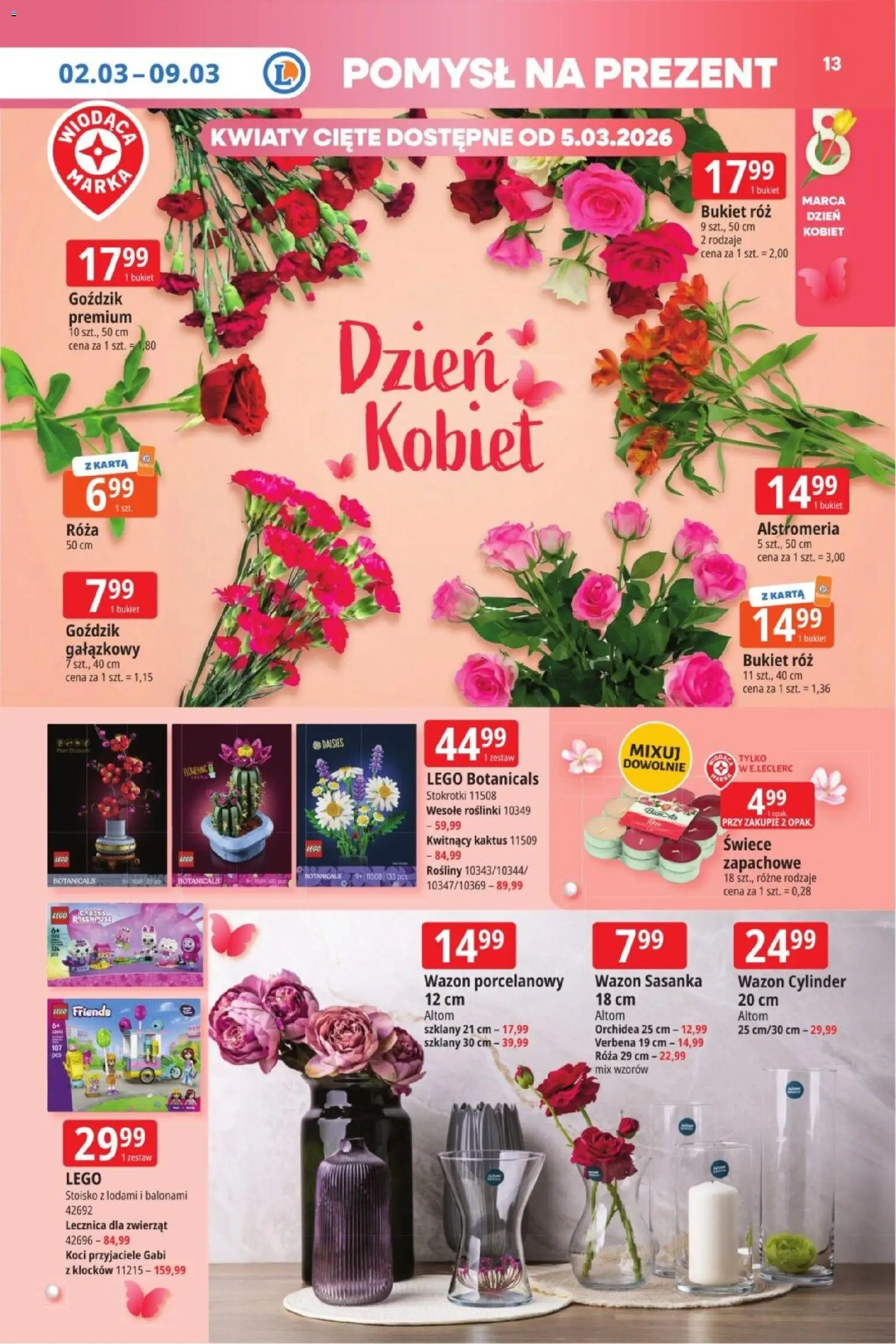 E.Leclerc Gazetka  od 02.03.2026 | Strona: 13 | Produkty: Goździk, Zestaw LEGO, Bukiet róż, Kwiaty