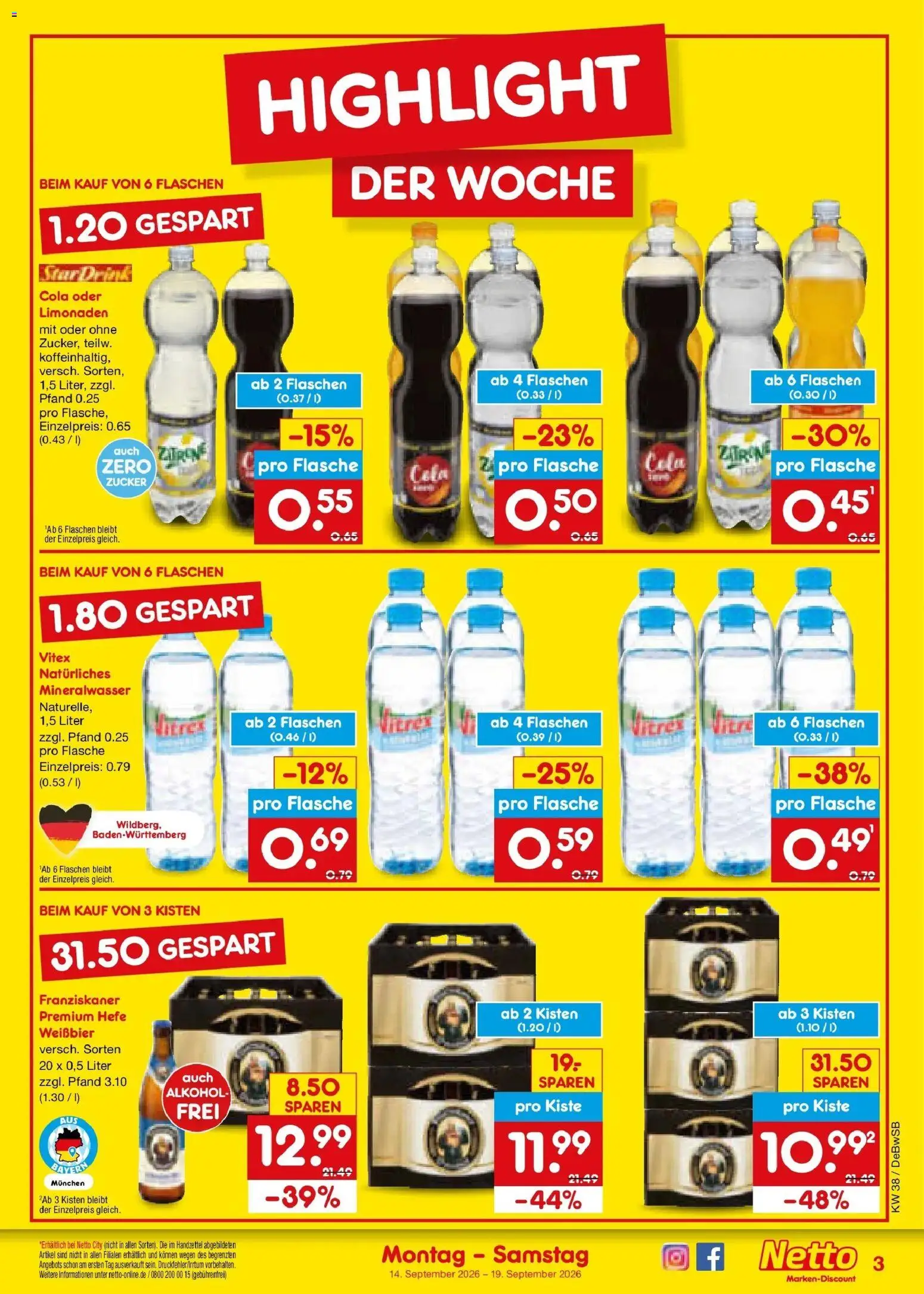 Netto Marken-Discount Prospekt Waiblingen-Bittenfeld – gültig ab 14.09.2026 | Seite: 3 | Produkte: Franziskaner, Cola, Alkohol, Zucker