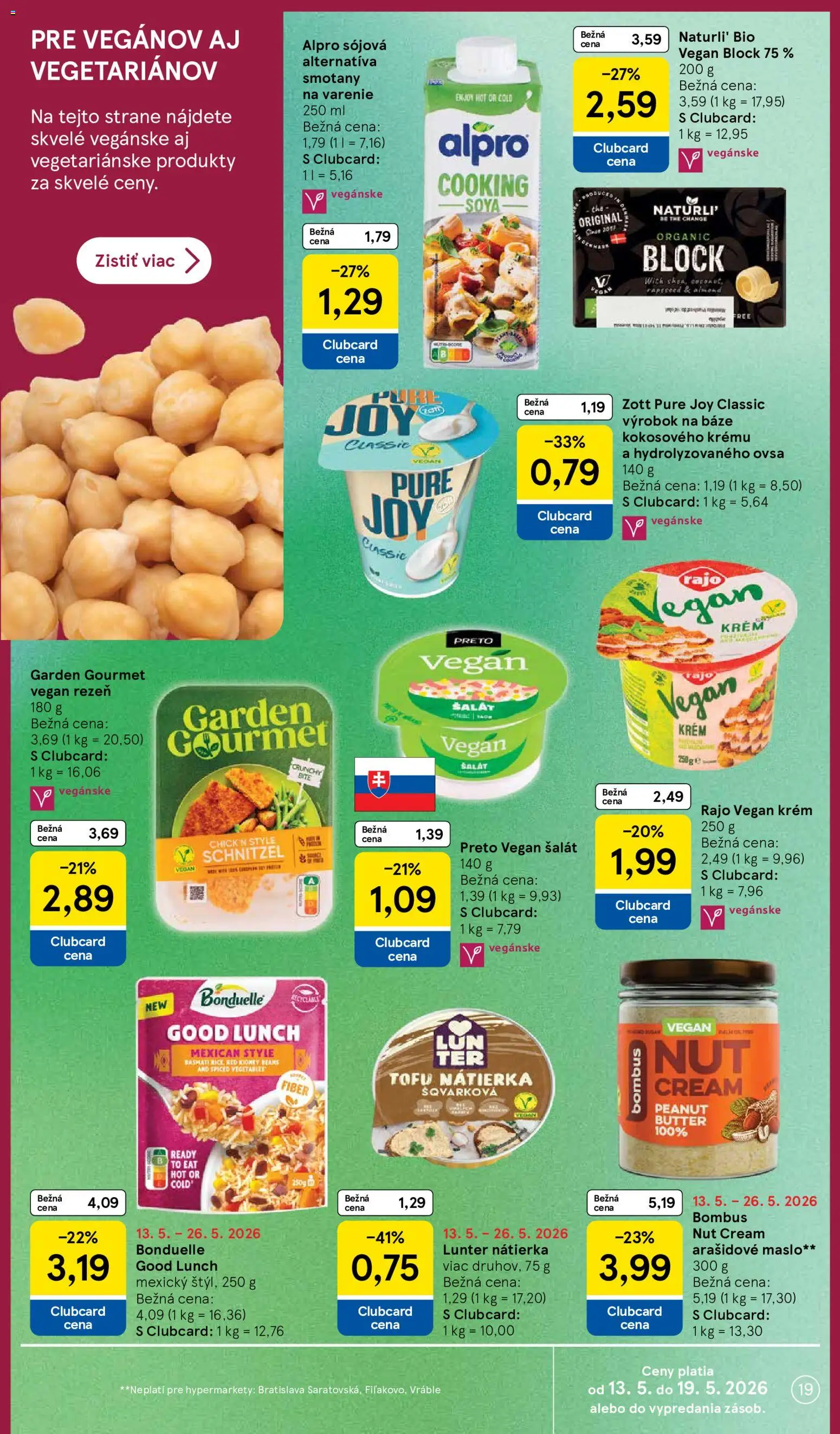 Nové Tesco akcie – leták je platný od 13.05.2026 | Strana: 19 | Produkty: Tofu, Krém, Šalát, Alpro