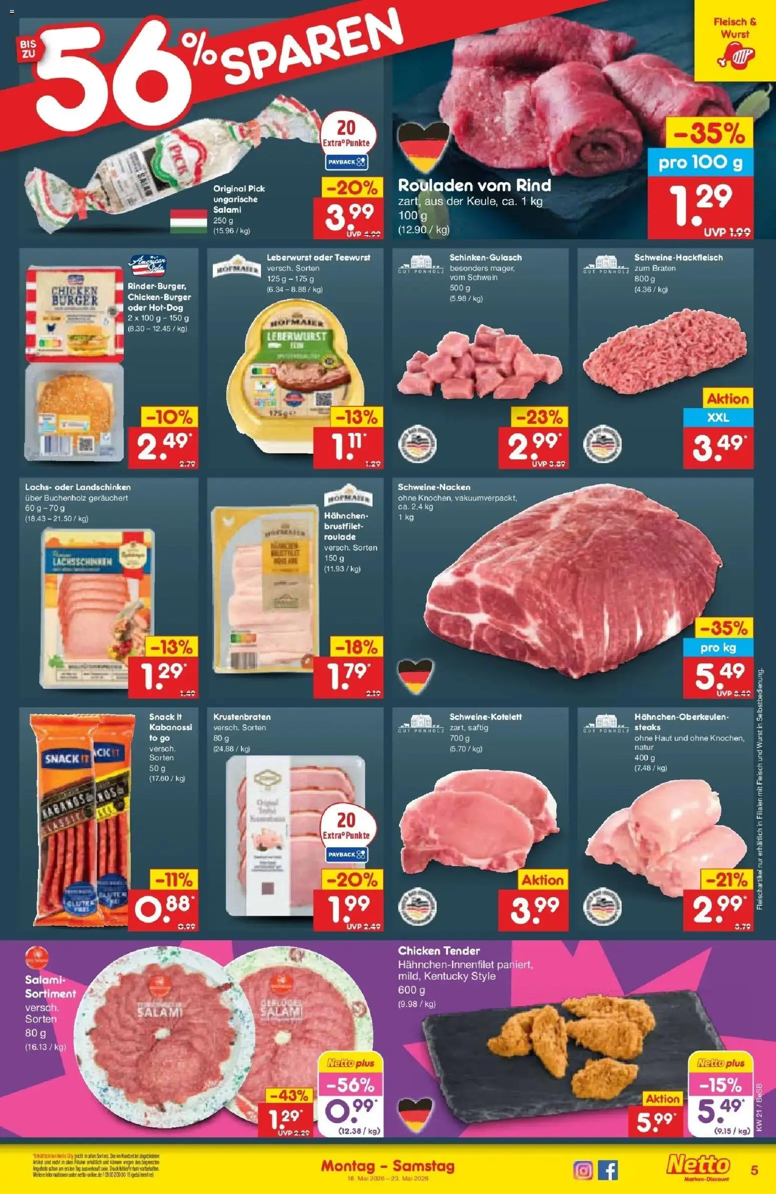 Netto Marken-Discount Prospekt Kremmen	 – gültig ab 17.05.2026 | Seite: 5 | Produkte: Schweinenacken, Wurst, Salami, Fleisch