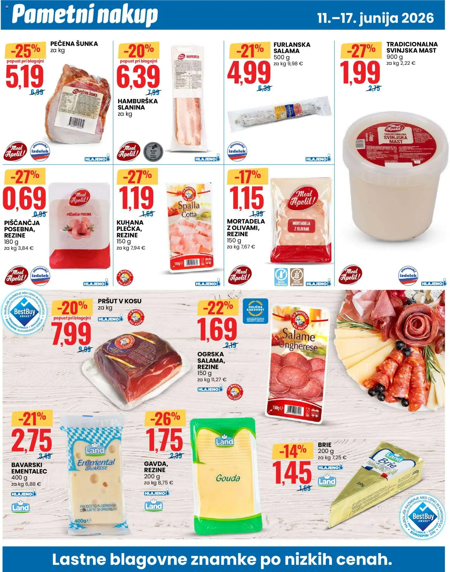 Novi Eurospin katalog ponudbe – veljaven od 11.06.2026 | Stran: 4 | Izdelki: Pršut, Mortadela, Slanina, Sir