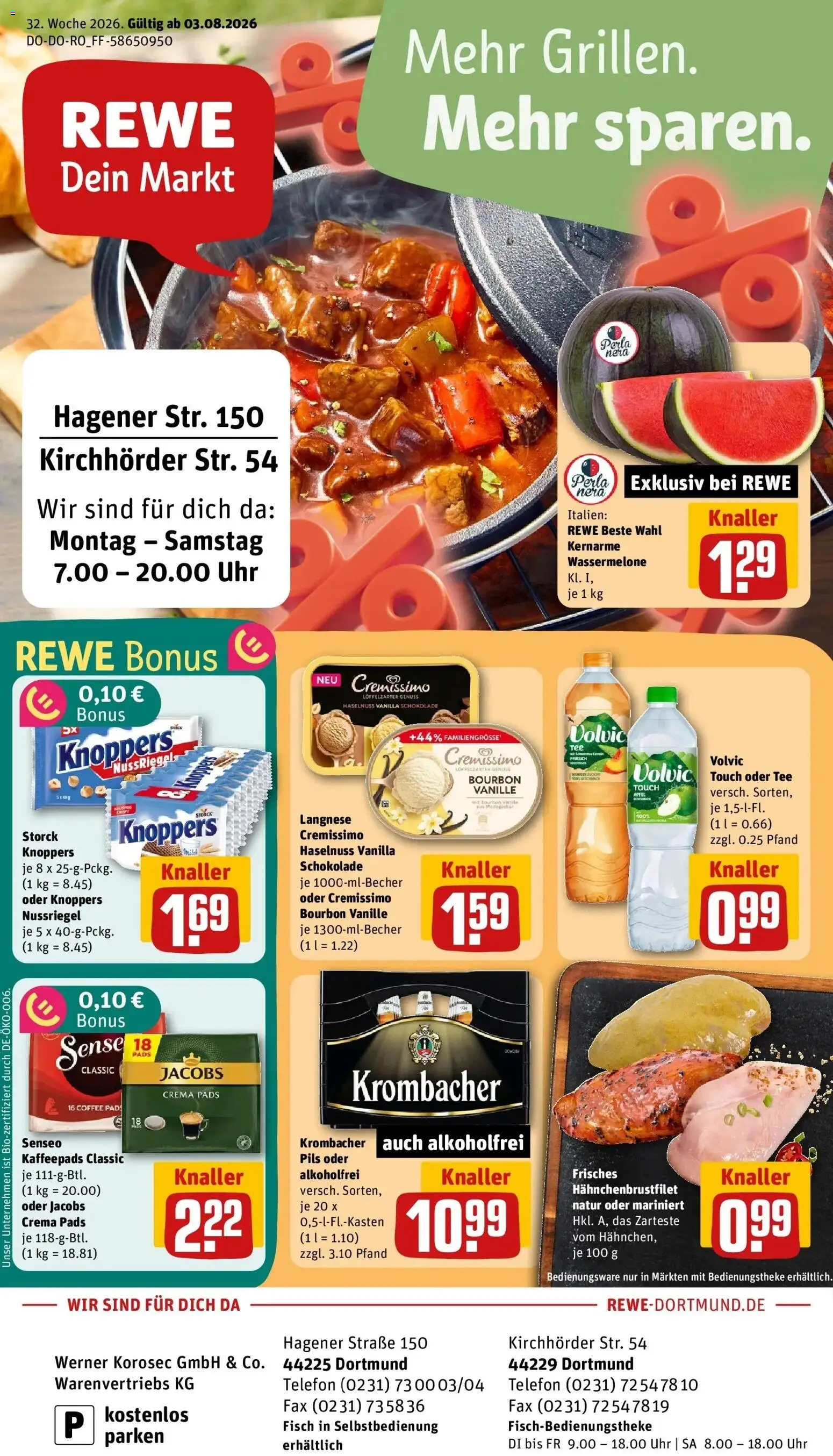 Rewe Prospekt Dortmund – gültig ab 03.08.2026 | Seite: 1 | Produkte: Langnese, Schokolade, Telefon, Uhr