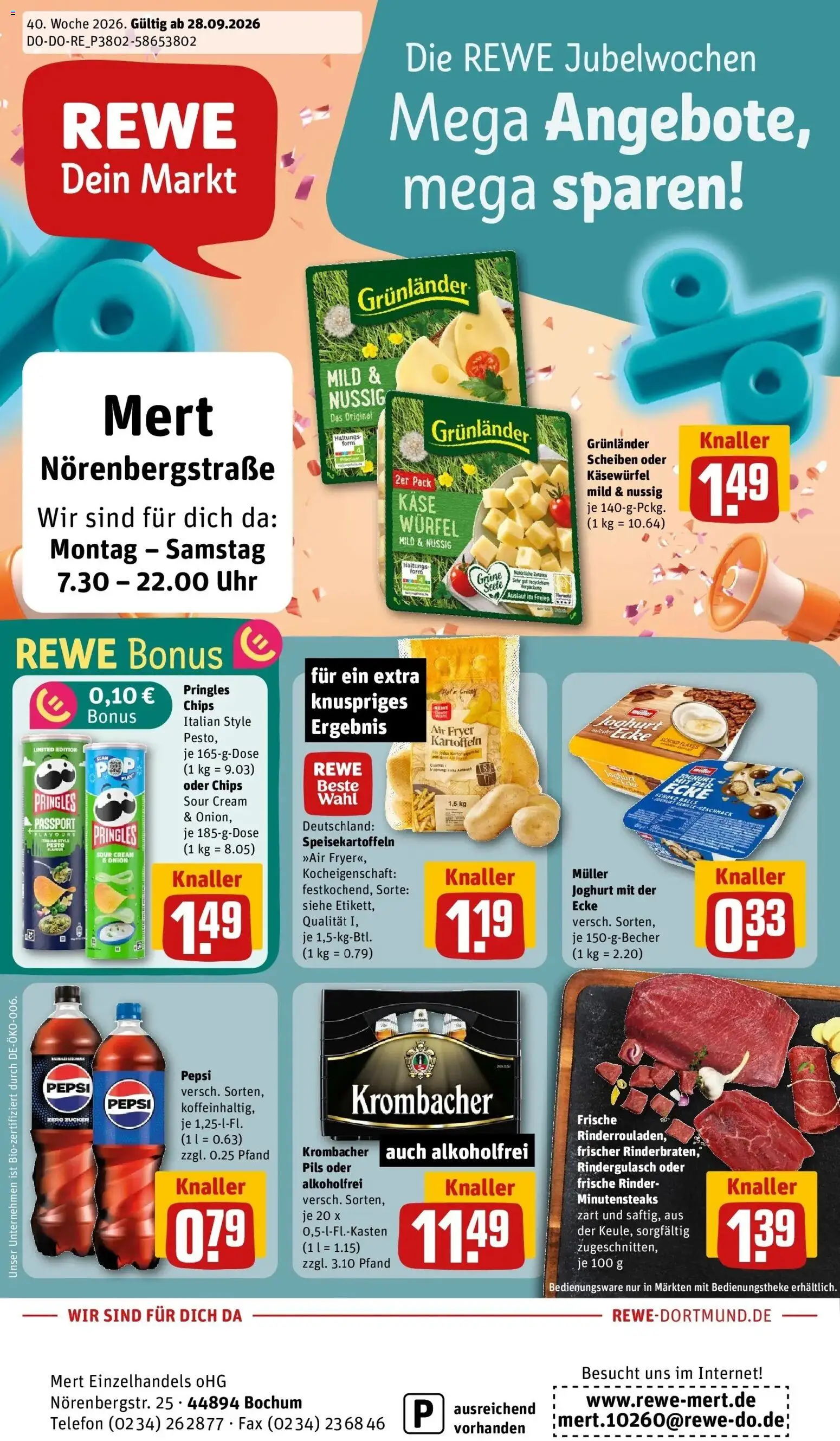 REWE Prospekt ab 28.09.2026 zum Blättern » Angebote | Seite: 1 | Produkte: Joghurt, Kartoffeln, Grunlander, Pringles