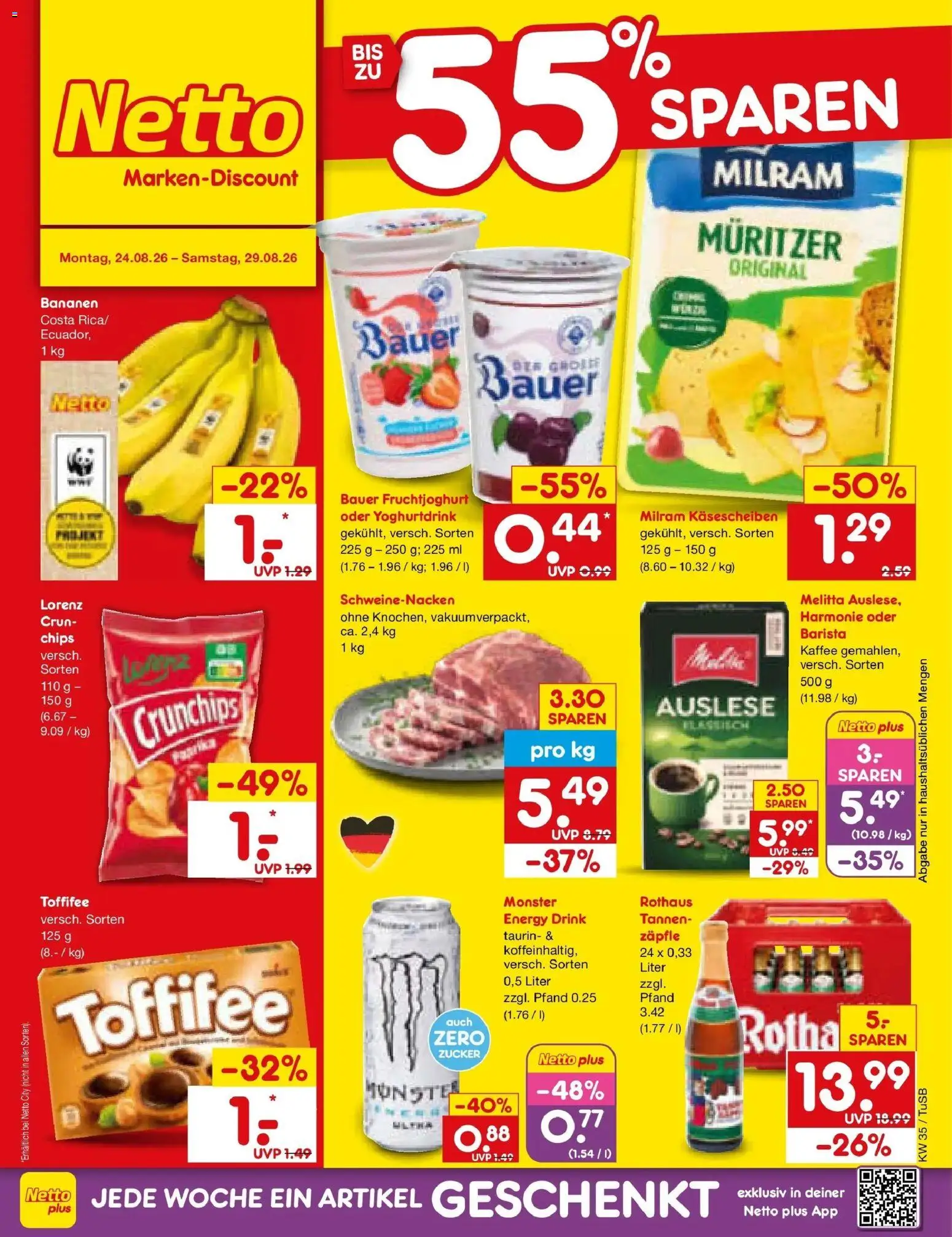 Netto Marken-Discount Prospekt Sindelfingen (ab 24.08.2026) » Angebote | Seite: 1 | Produkte: Melitta, Bananen, Monster, Milram
