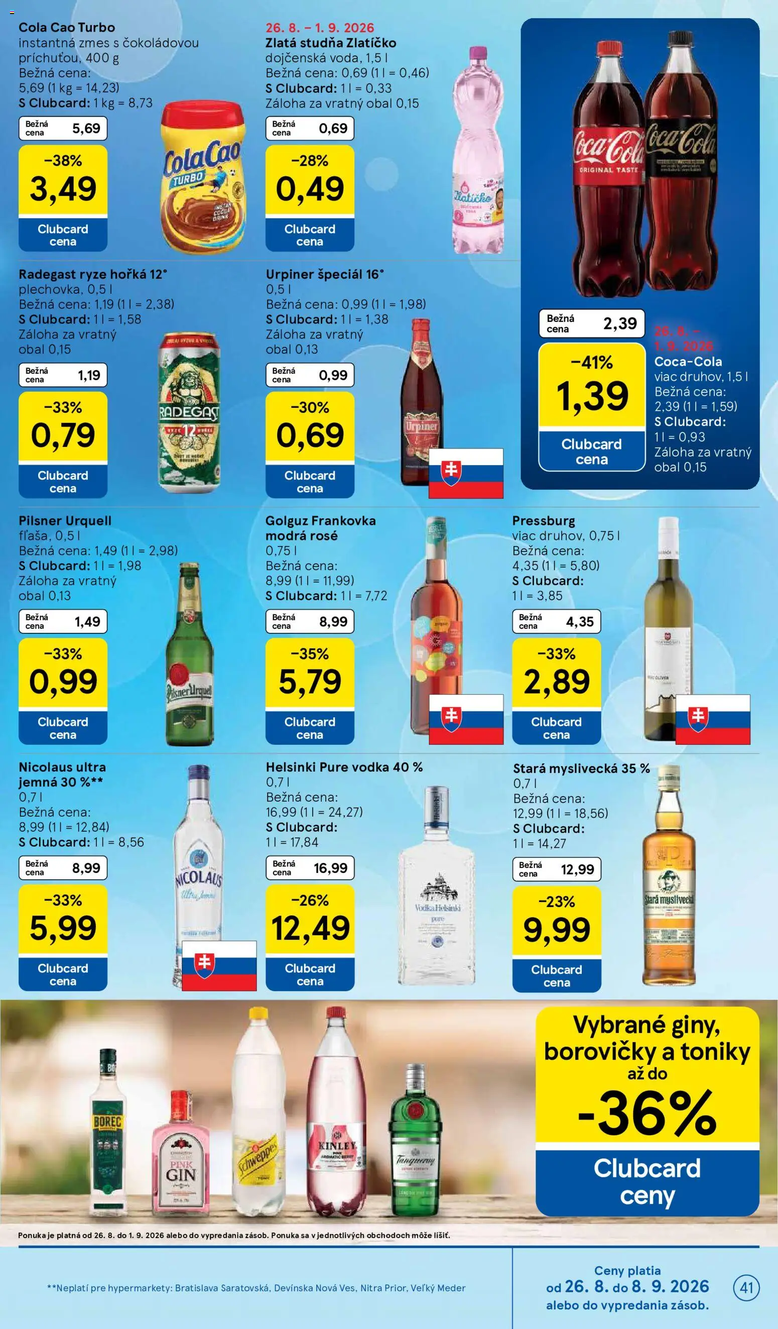 Nové Tesco akcie – leták je platný od 26.08.2026 | Strana: 41 | Produkty: Pilsner Urquell, Radegast, Vodka, Cola