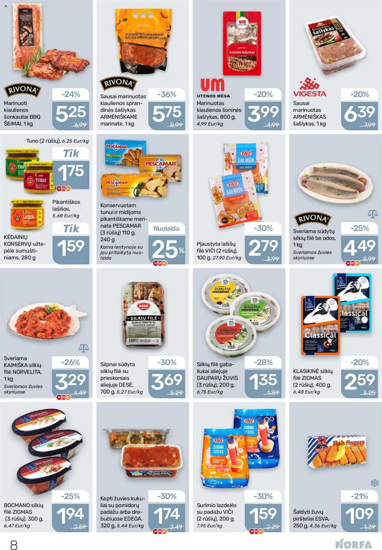 NORFA akcijos nuo 2026.07.23 | Puslapis: 8 | Prekių: Kiaulienos, Silkių filė, Surimi, Žuvis