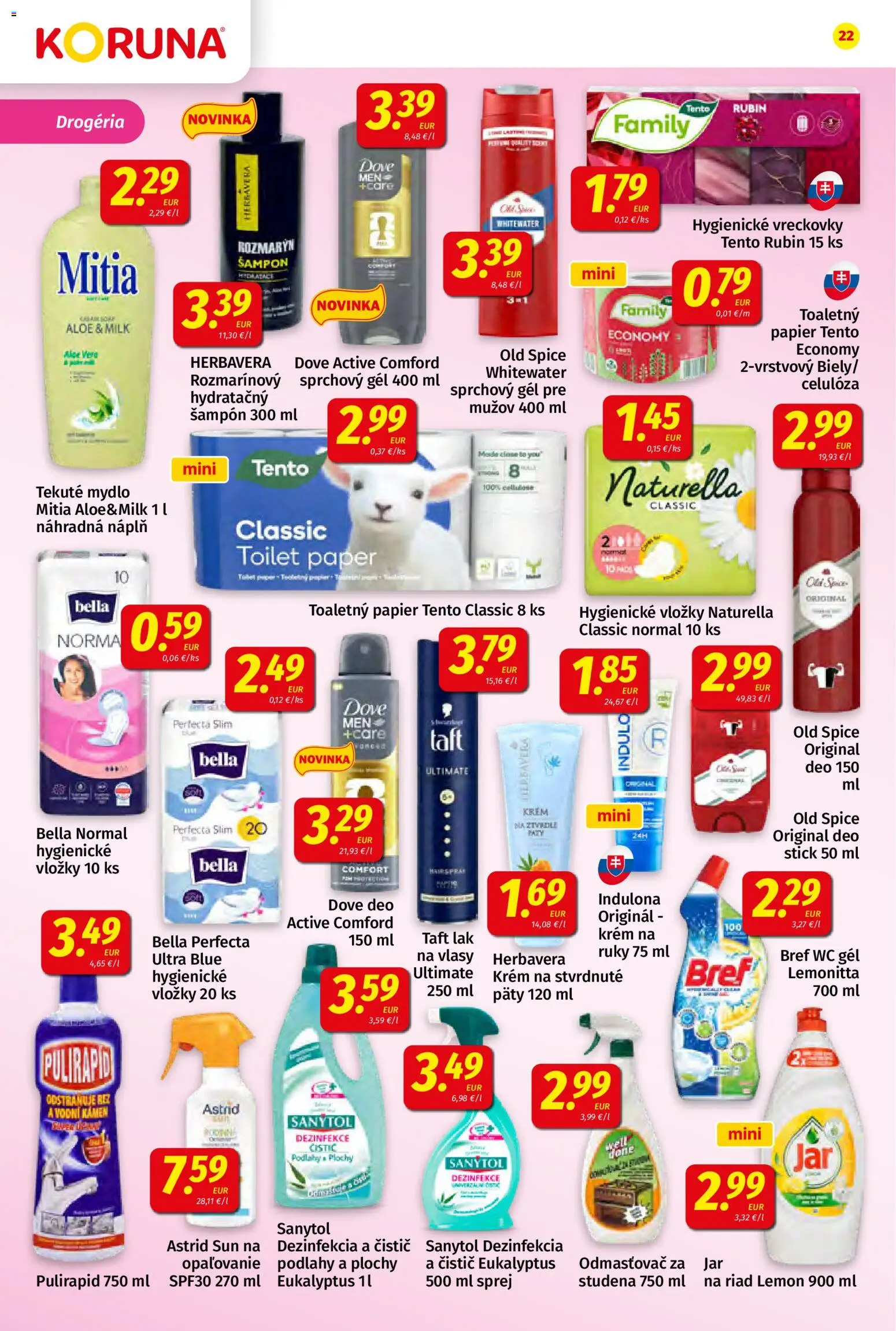 Nové Koruna akcie – leták je platný od 22.05.2026 | Strana: 22 | Produkty: Old Spice, Sanytol, Indulona, Jar