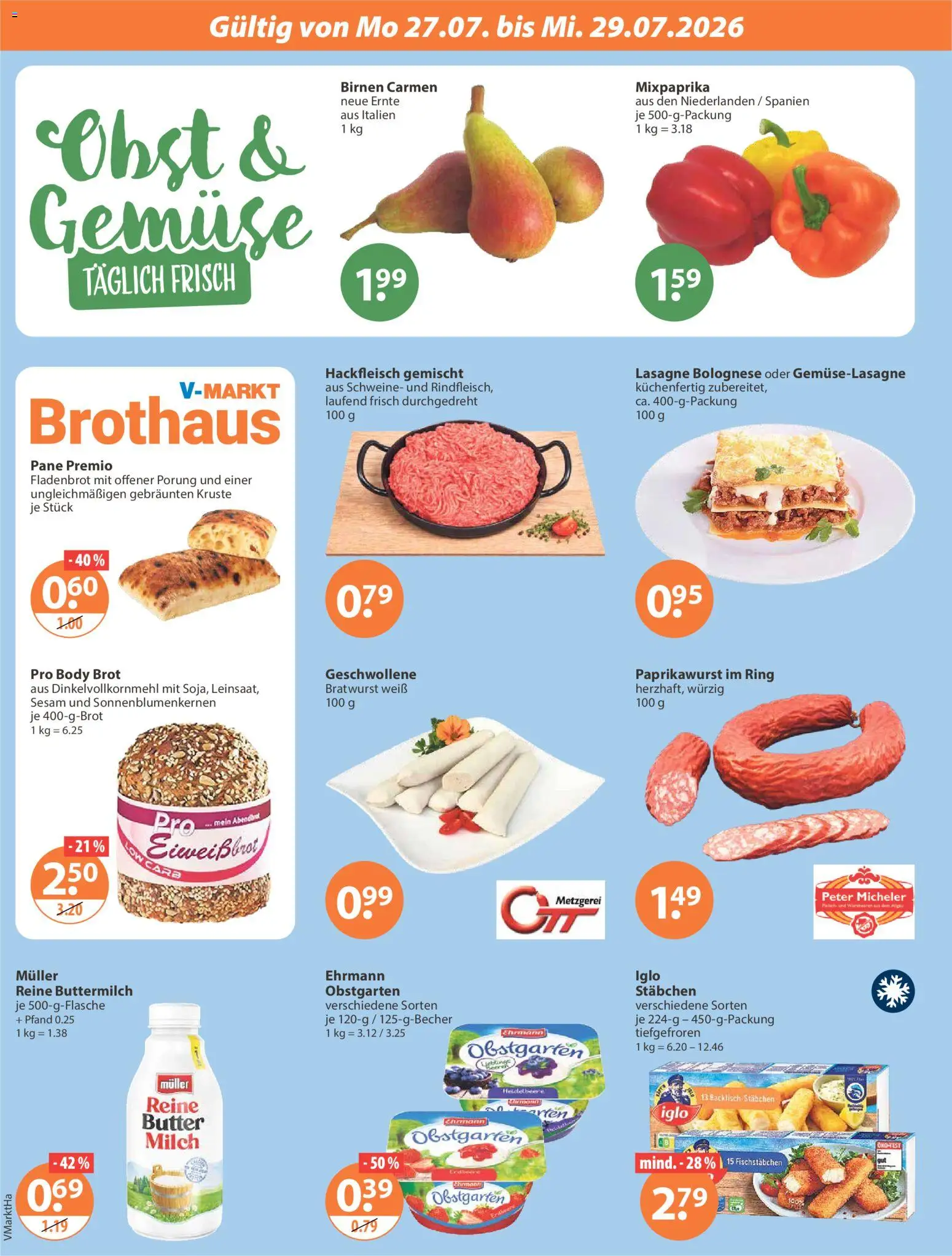 V-Markt Angebote – gültig ab 23.07.2026 | Seite: 20 | Produkte: Milch, Iglo, Fischstabchen, Hackfleisch