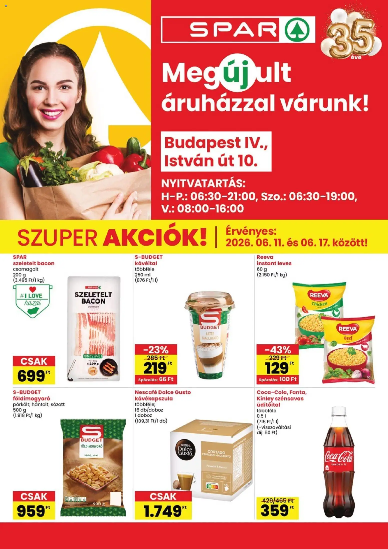 Spar akciós ujság - amely érvényes a következő dátumtól: 11.06.2026 | Oldal: 1 | Termékek: Dolce Gusto, Coca Cola, Szeletelt bacon, Földimogyoró