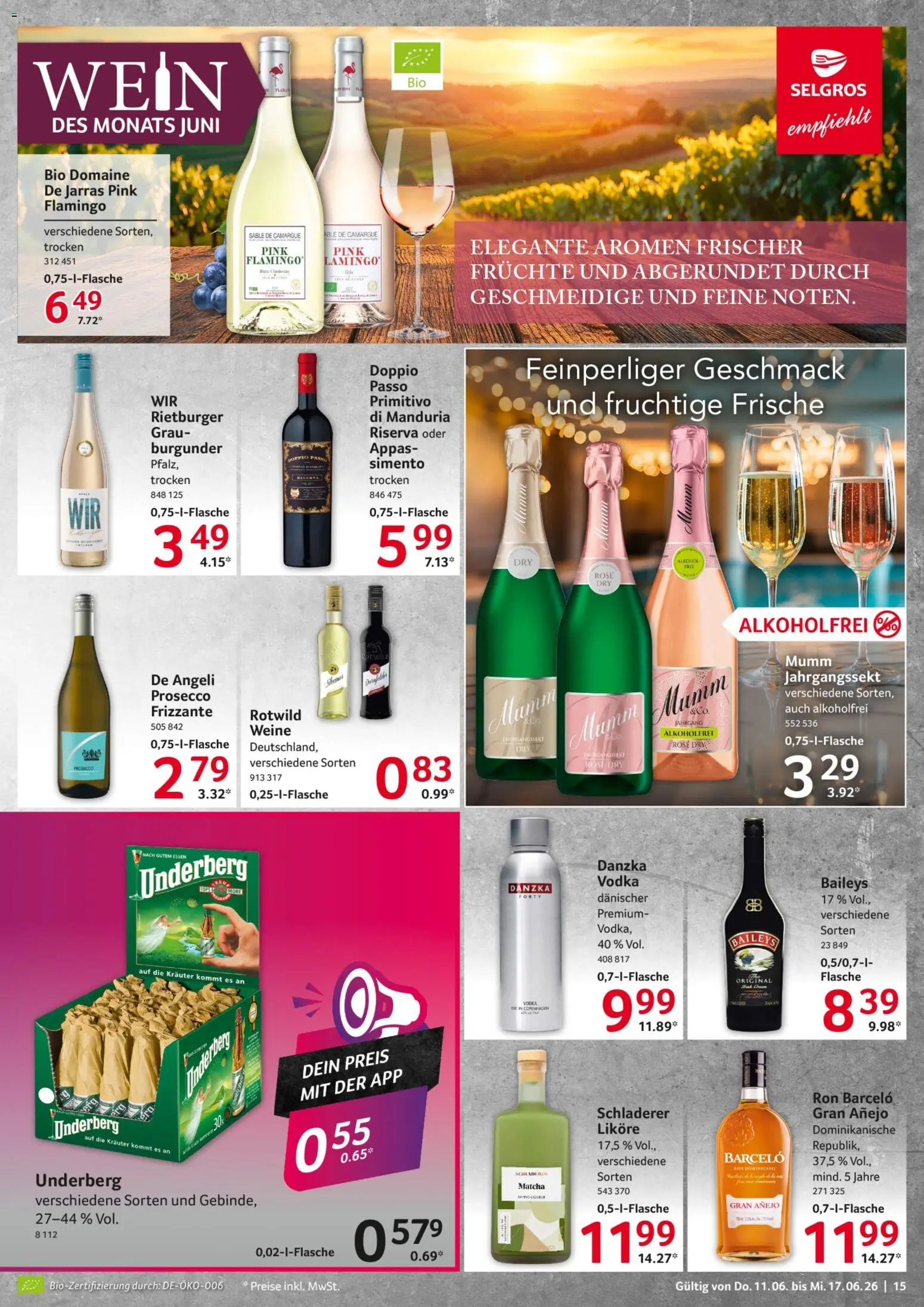 Selgros Prospekt – gültig ab 11.06.2026 | Seite: 15 | Produkte: Baileys, Wein, Vodka, Underberg