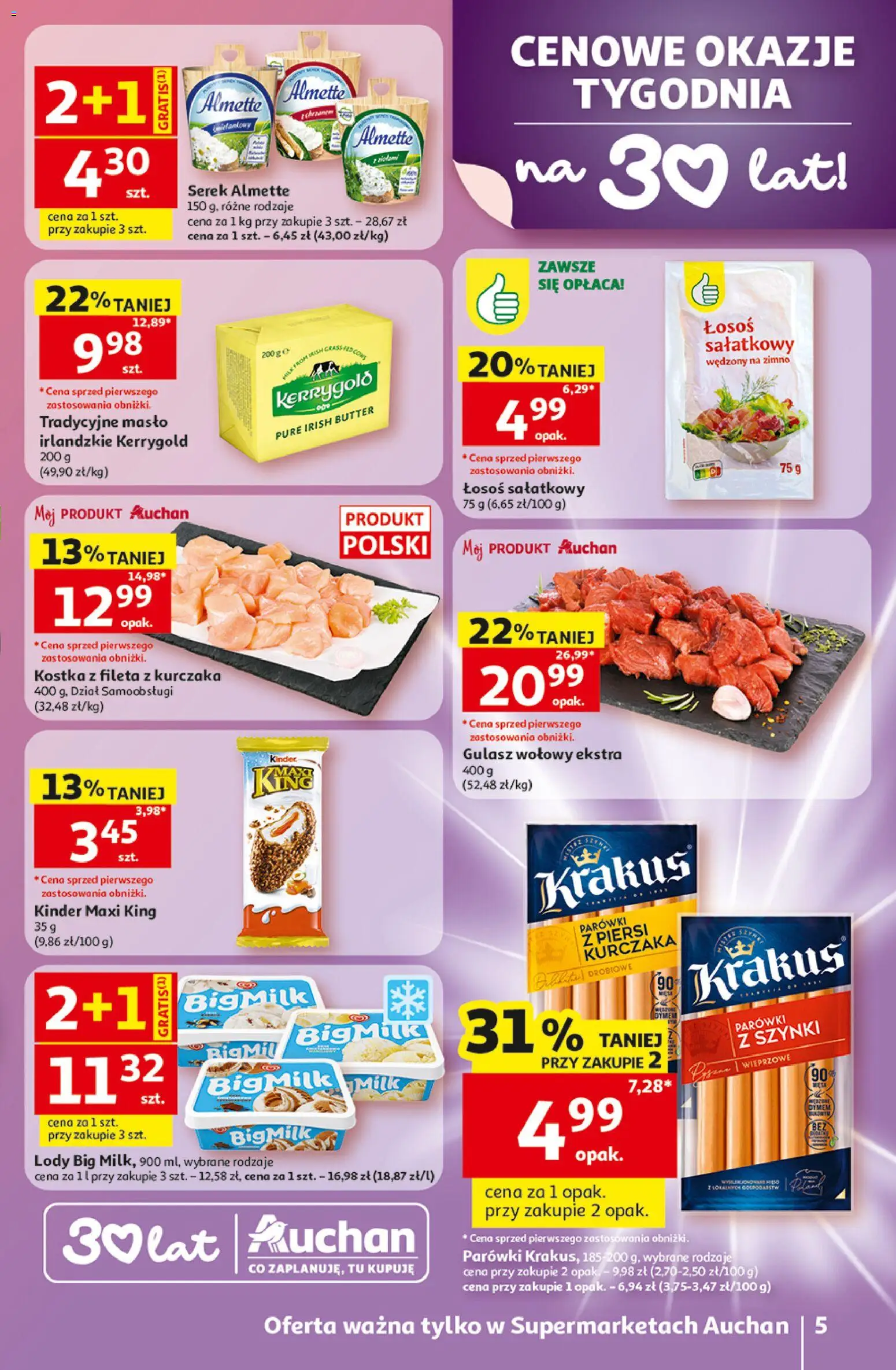Auchan gazetka od 07.05.2026 | Strona: 5 | Produkty: Serek, Masło irlandzkie, Łosoś, Masło
