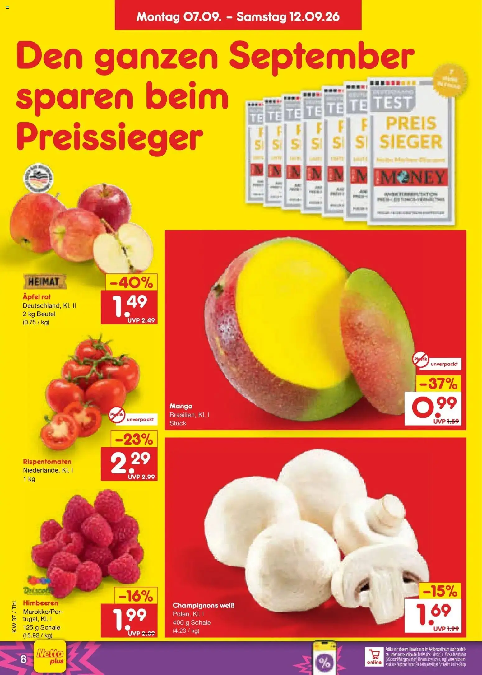 Netto Marken-Discount Prospekt Pirna – gültig ab 07.09.2026 | Seite: 14 | Produkte: Himbeeren, Äpfel, Champignons, Mango