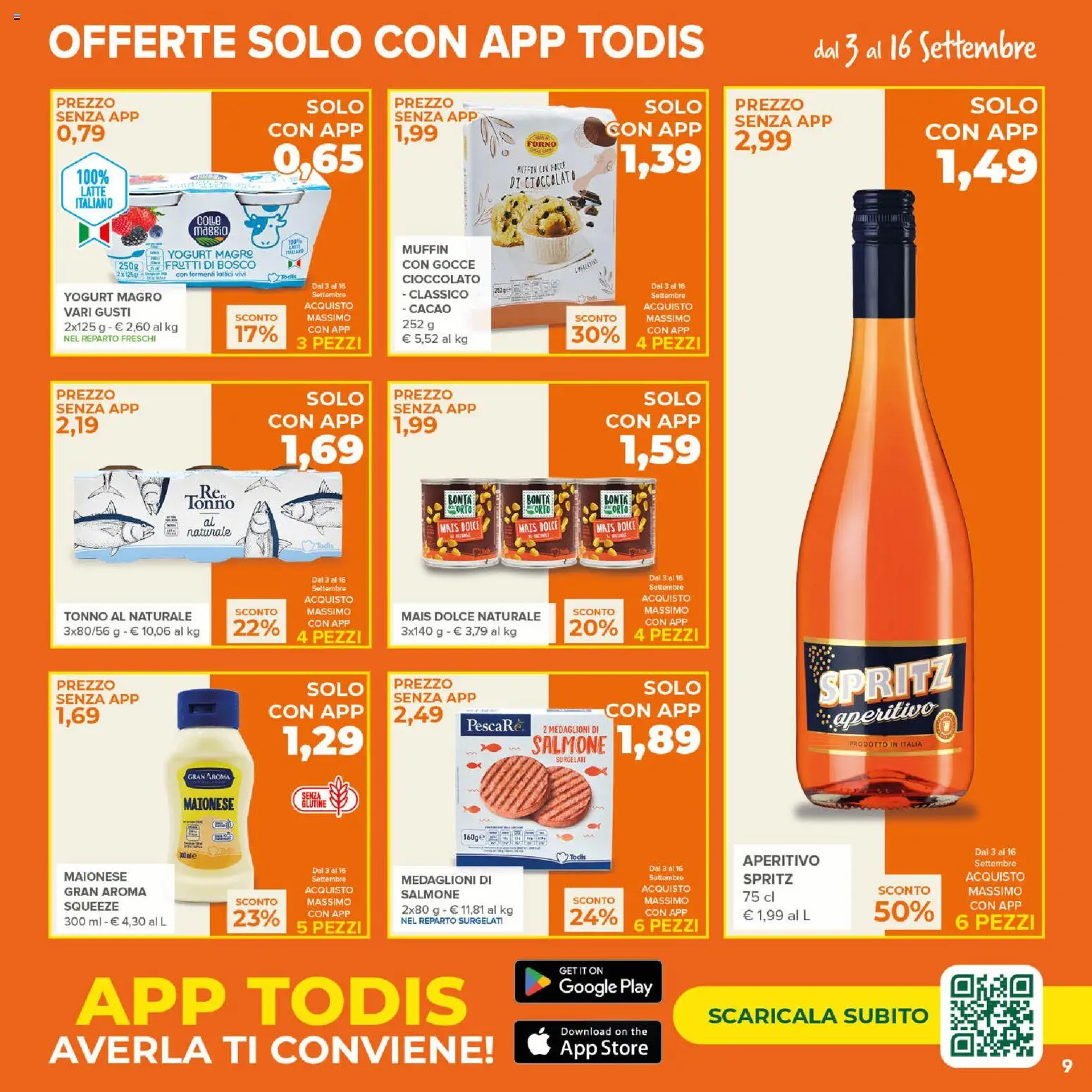 Volantino Todis del 03/09/2026 | Pagina: 9 | Prodotti: Frutti di bosco, Latte, Yogurt magro, Muffin
