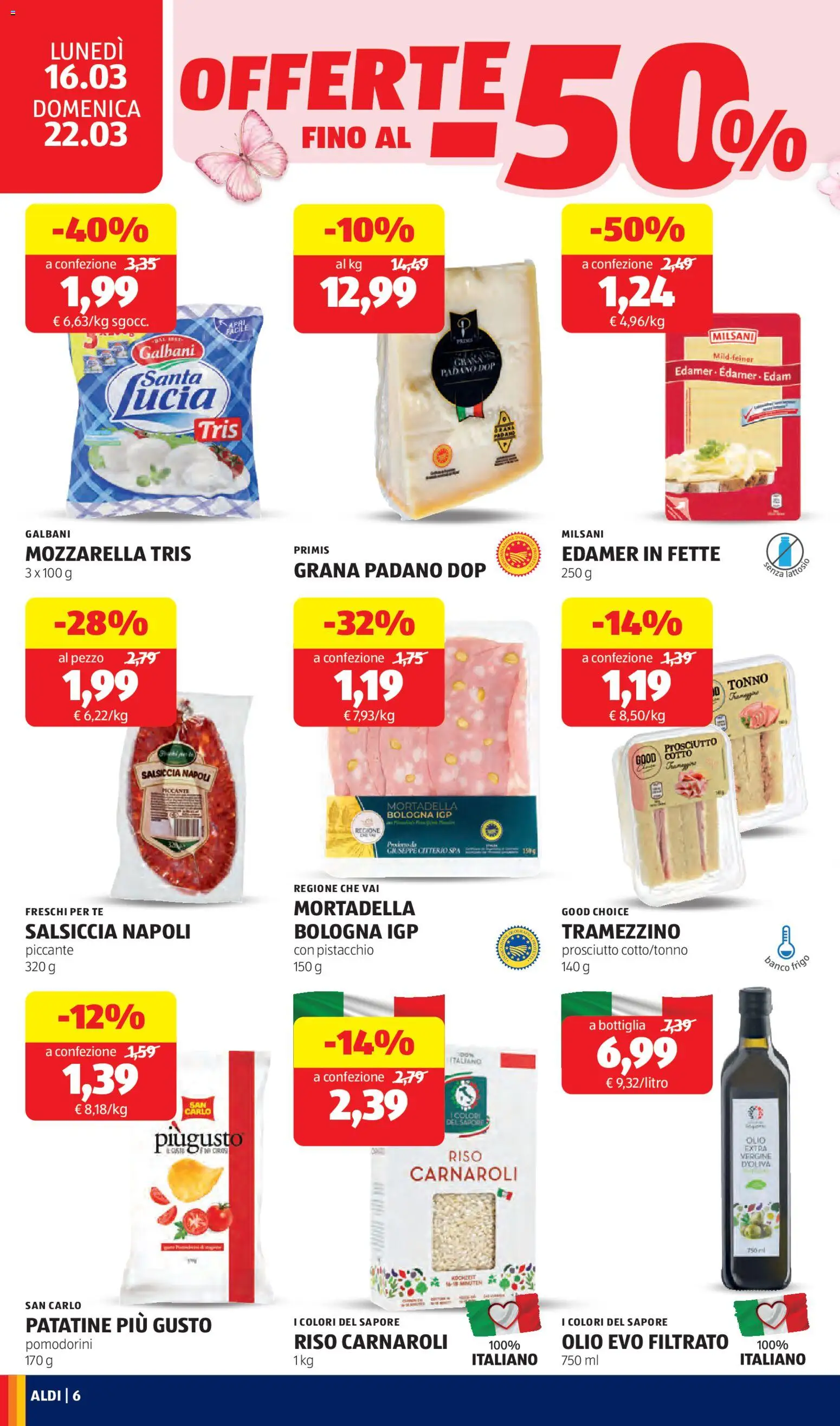 Volantino Aldi del 16.03.2026 | Pagina: 6 | Prodotti: Pomodorini, Patatine, Tramezzino, Bottiglia