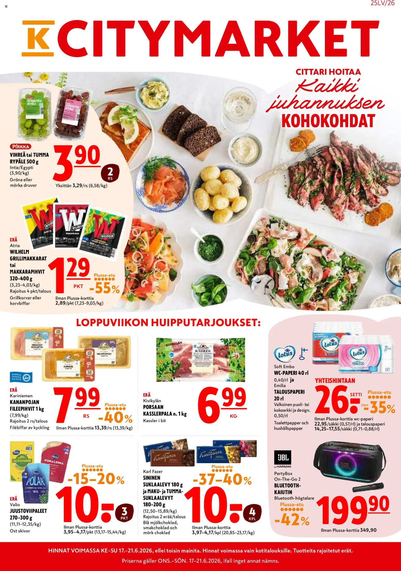 K-Citymarket tarjoukset – voimassa 17.06.2026 alkaen | Sivu: 1 | Tuotteet: Kaiutin, Suklaalevyt