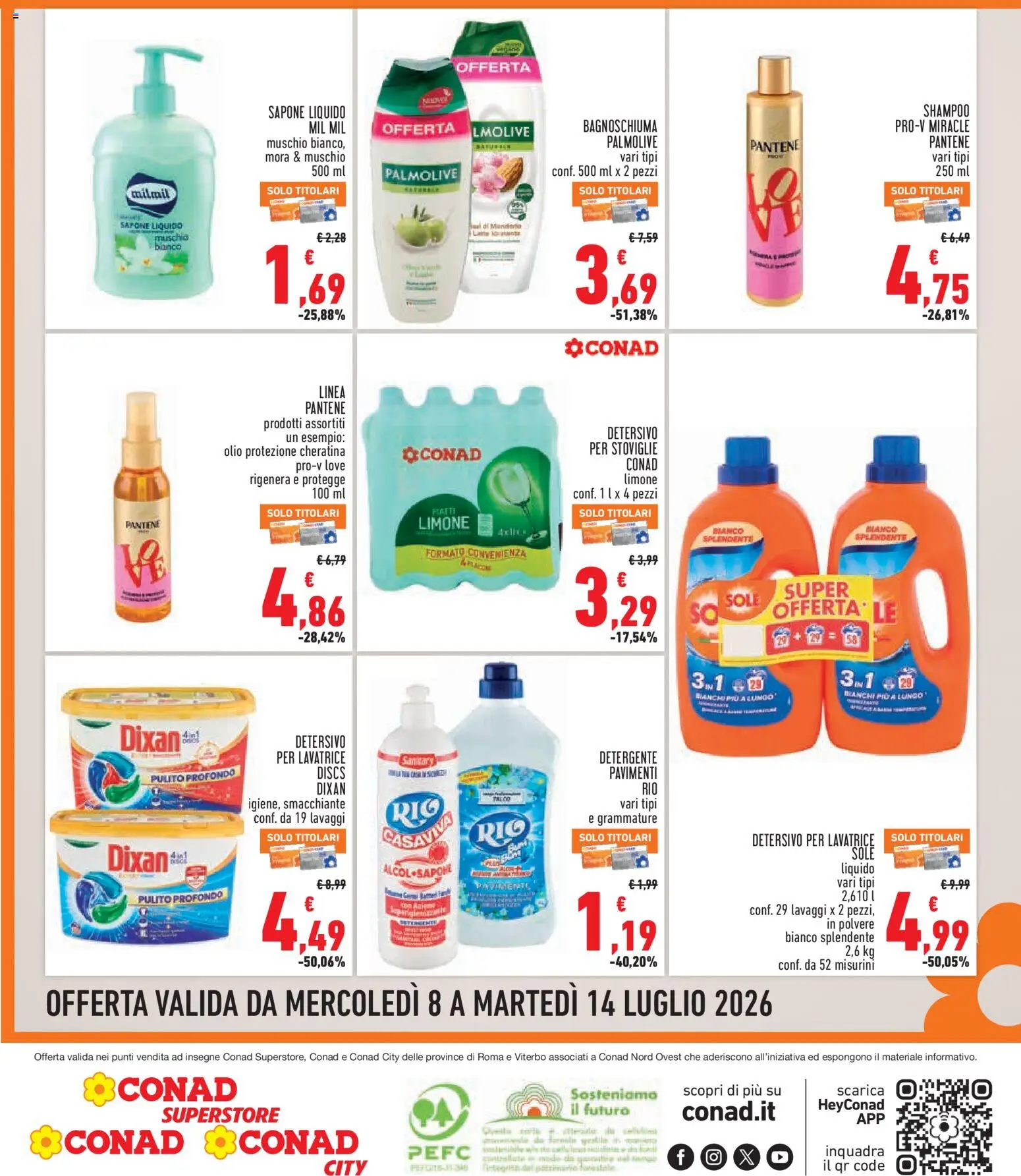 Volantino Conad del 08/07/2026 | Pagina: 8 | Prodotti: Shampoo, Sapone, Detergente, Olio