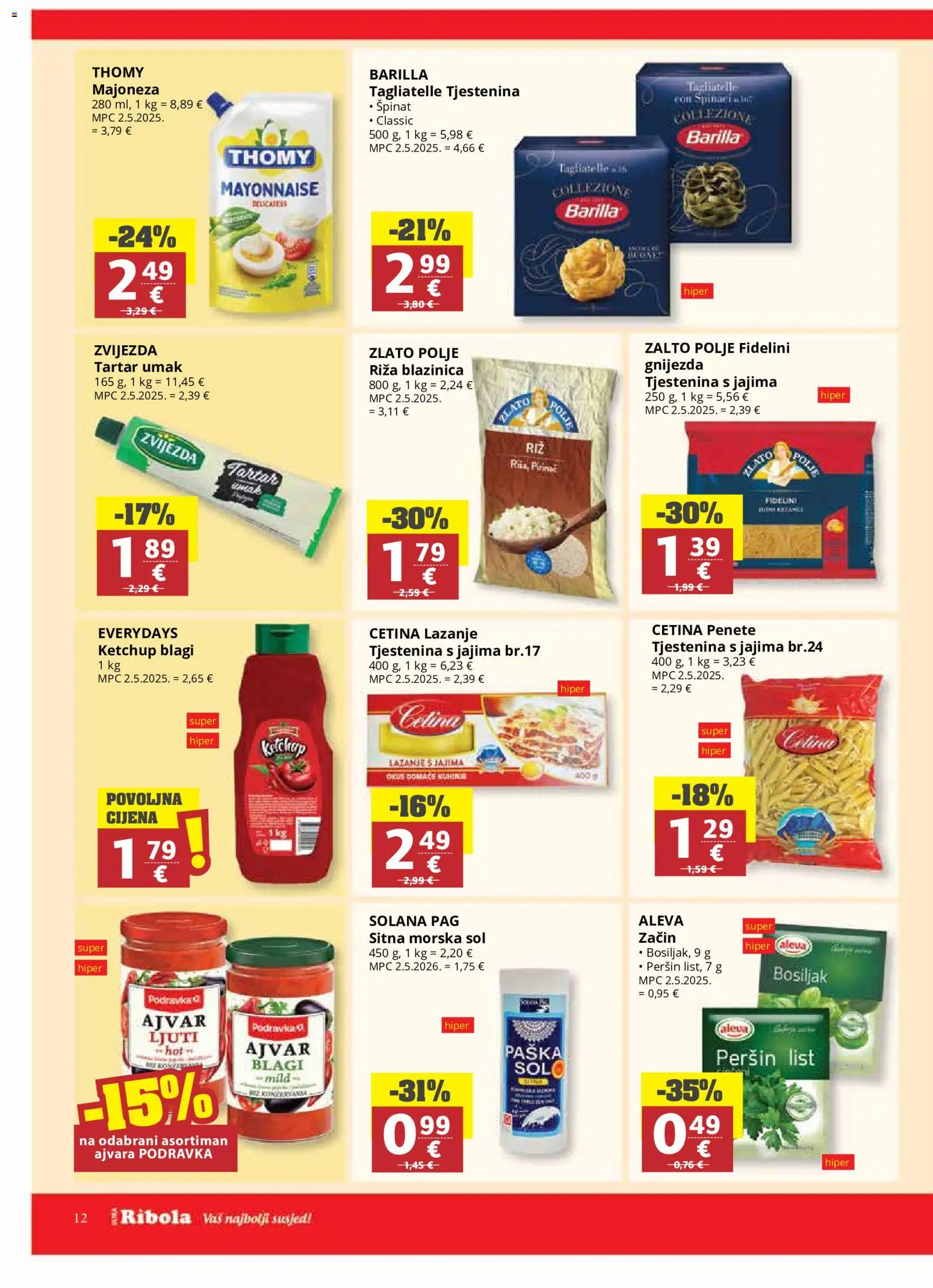 Ribola katalog | vrijedi od 17.06.2026 | Stranica: 12 | Proizvodi: Špinat, Tjestenina, Sol, Barilla