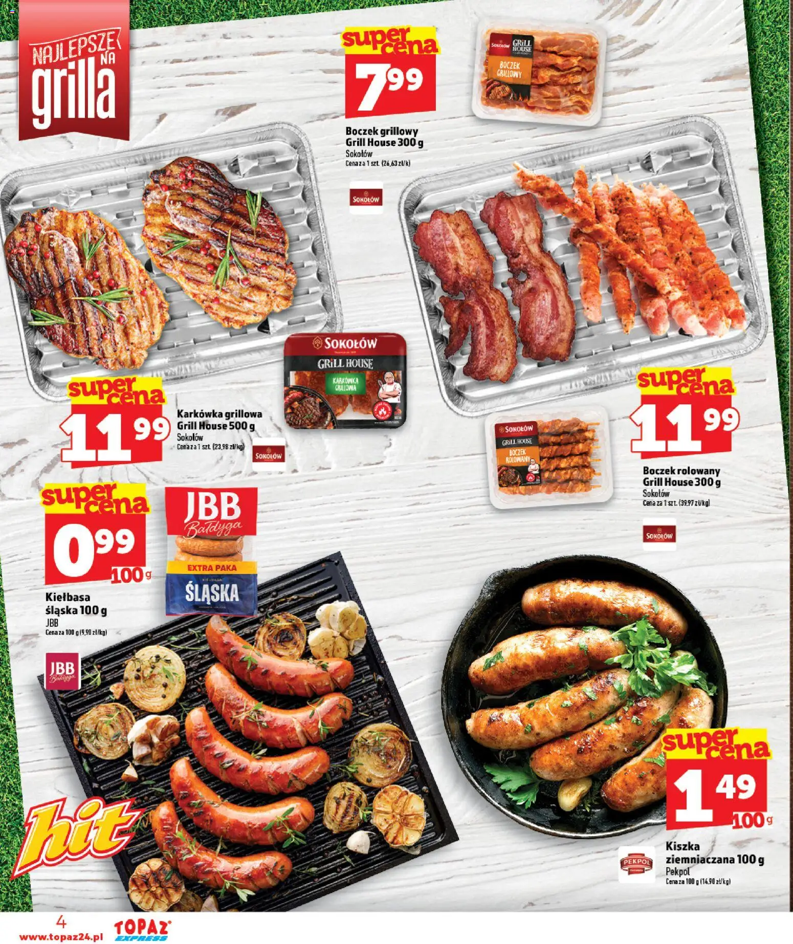 Topaz gazetka - Express od 18.06.2026 | Strona: 4 | Produkty: Kiełbasa, Karkówka, Grill, Boczek
