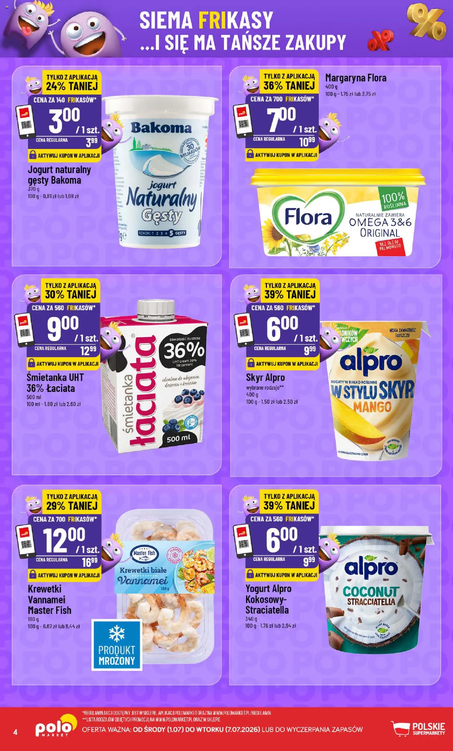 POLOmarket gazetka - Frikasowe Hity od 01.07.2026 | Strona: 4 | Produkty: Jogurt naturalny gęsty, Krewetki, Margaryna, Skyr