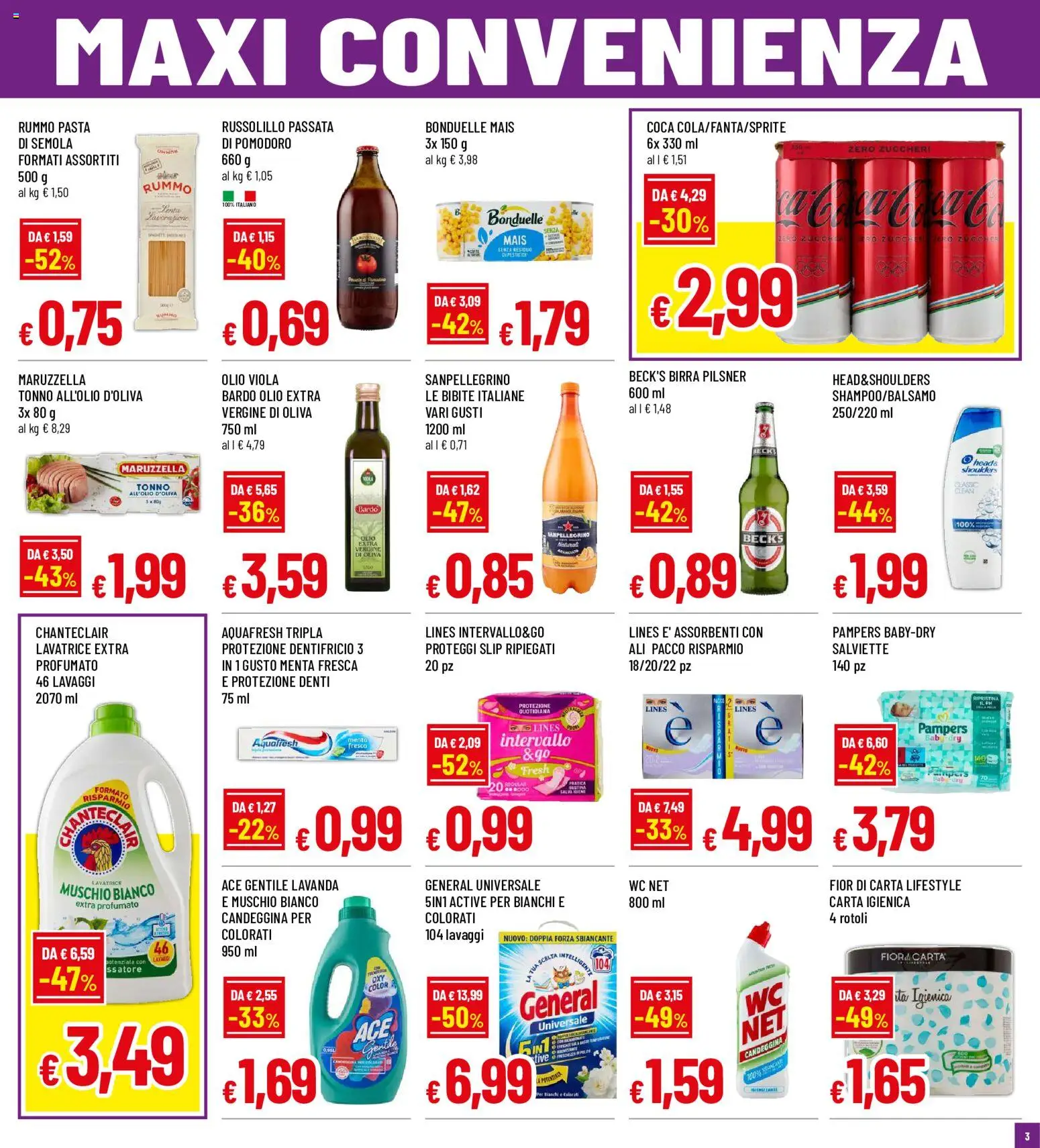 Volantino Galassia del 20/08/2026 | Pagina: 3 | Prodotti: Proteggi slip, Pomodoro, Pampers, Tonno