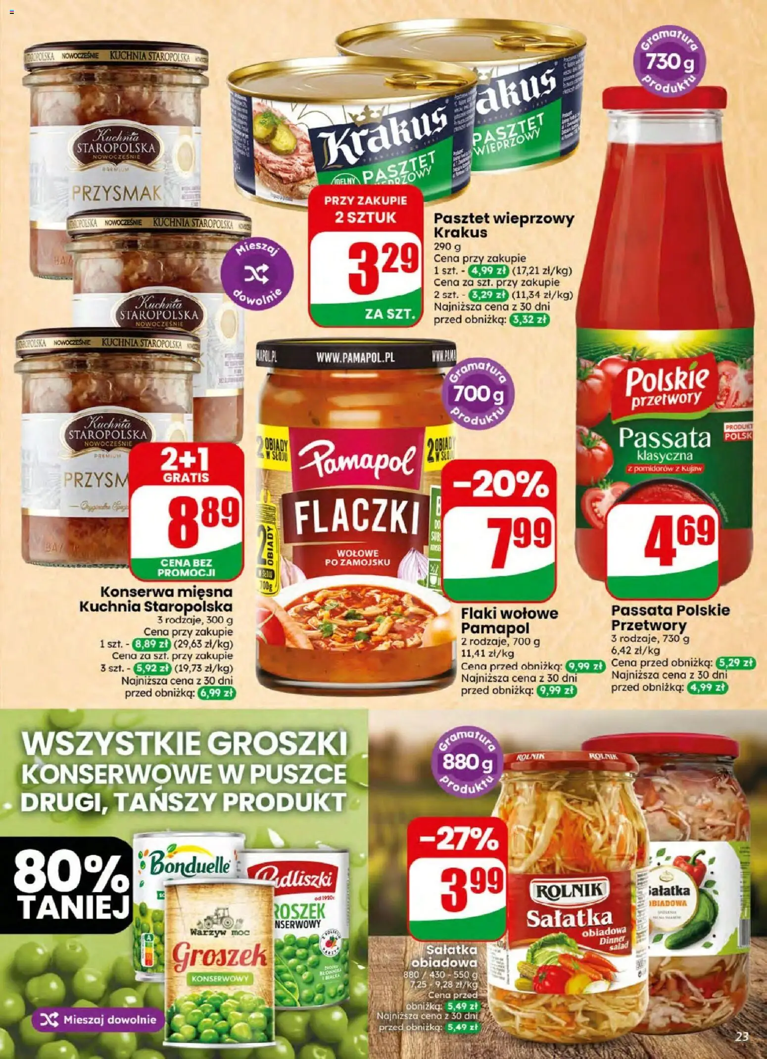 Dino gazetka od 05.08.2026 | Strona: 23 | Produkty: Groszek, Flaki, Flaki wołowe, Sałatka