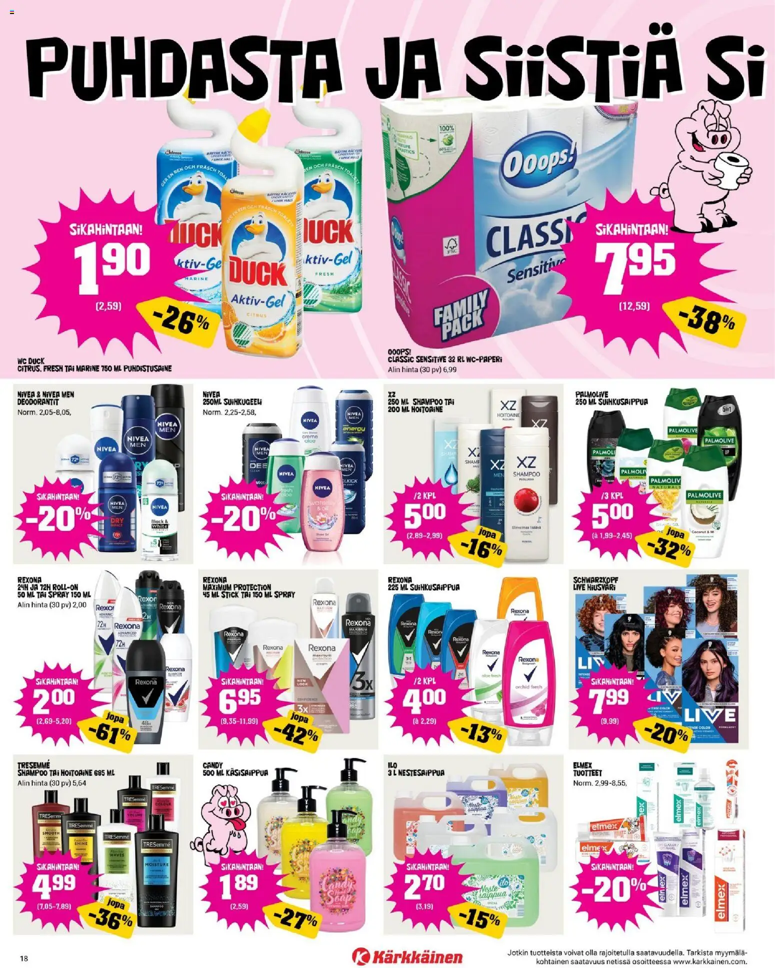 Kärkkäinen tarjoukset – voimassa 08.04.2026 alkaen | Sivu: 18 | Tuotteet: Shampoo, Hiusväri, Suihkugeeli, Käsisaippua