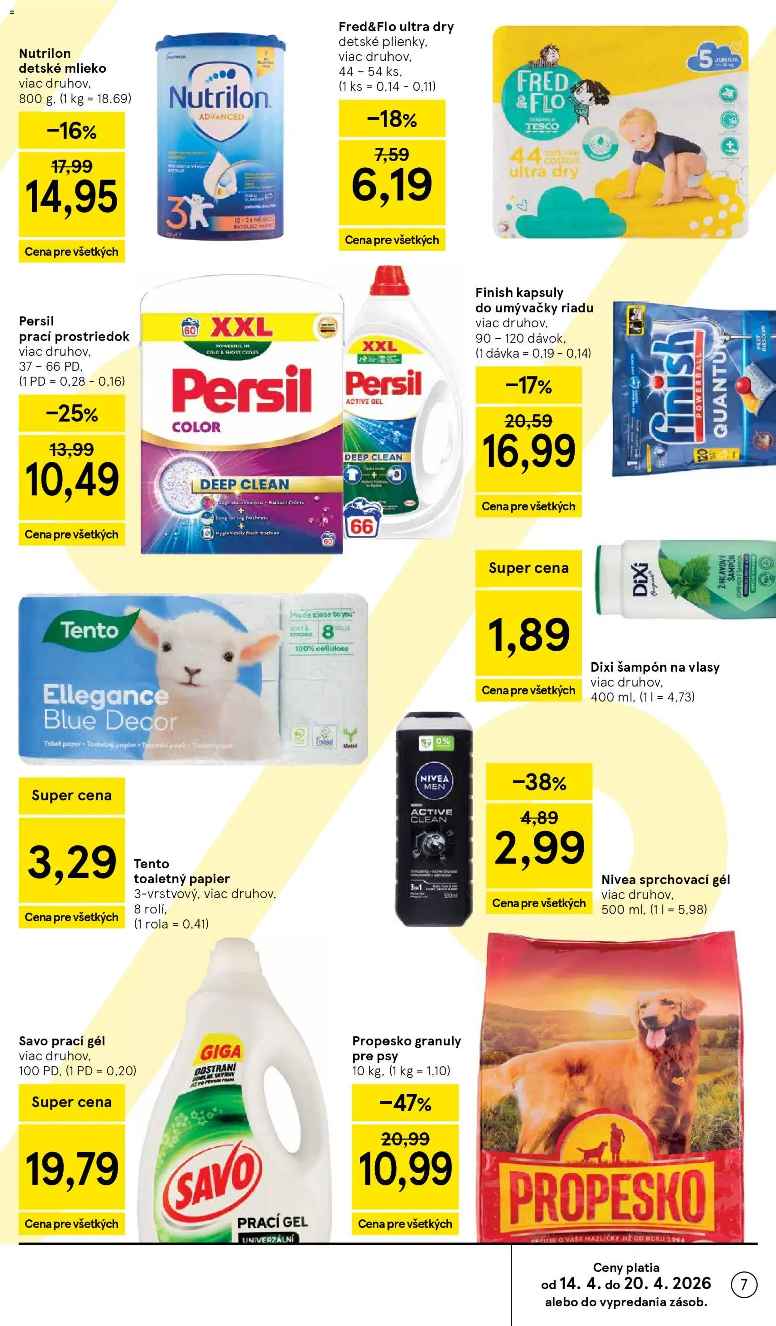 Nové Tesco akcie – leták je platný od 15.04.2026 | Strana: 7 | Produkty: Persil, Šampón, Kapsuly do umývačky riadu, Plienky