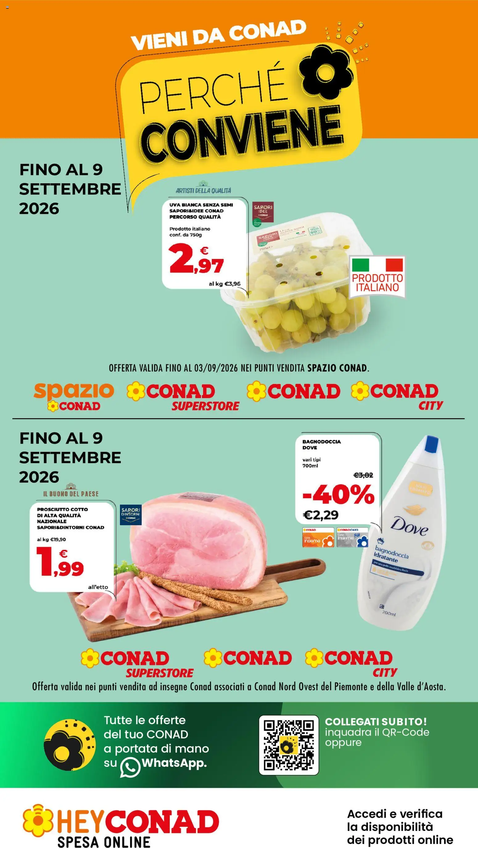 Volantino Conad del 27/08/2026 | Pagina: 1 | Prodotti: Prosciutto Cotto, Prosciutto, Uva, Bagno