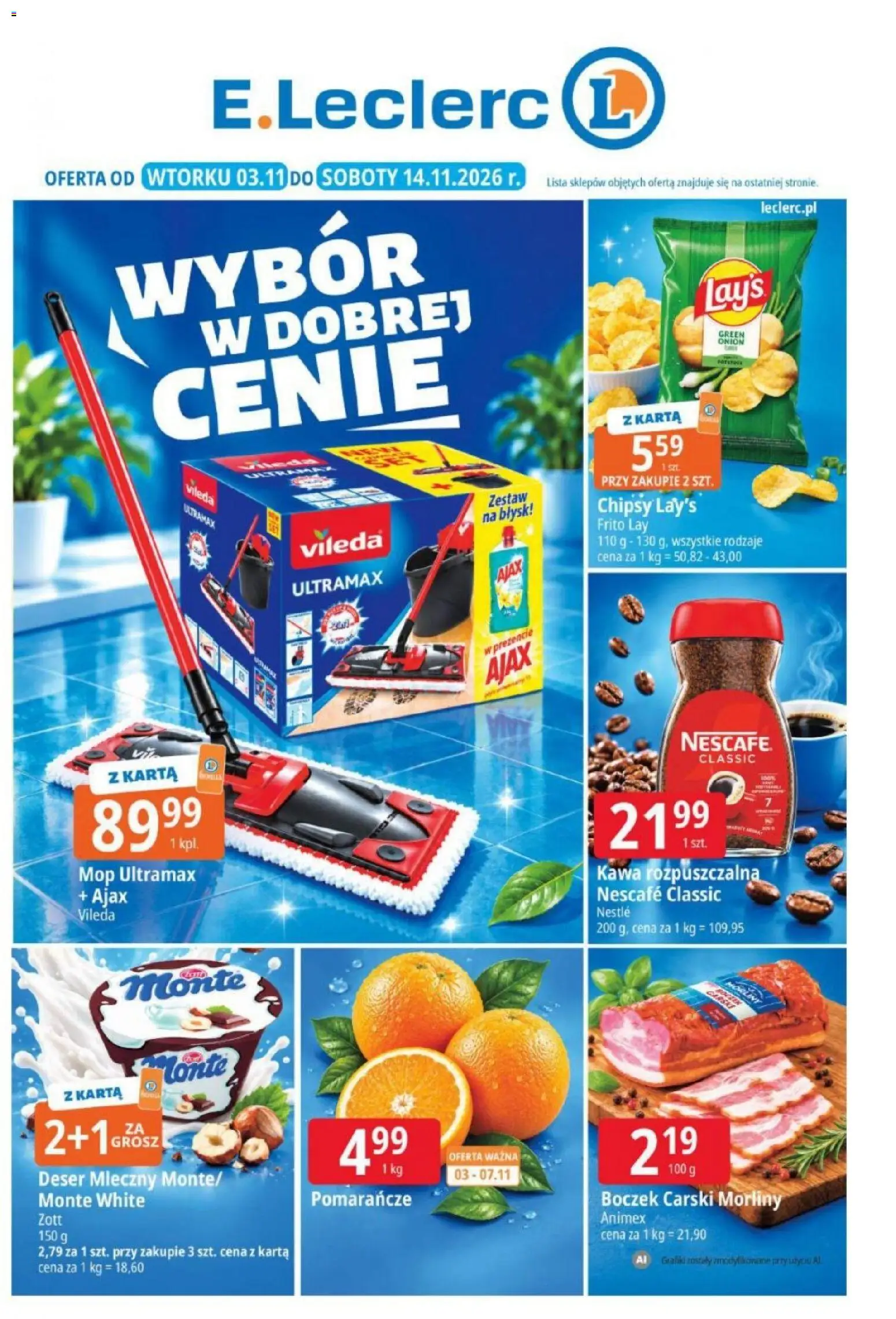E.Leclerc - Ulotka od 03.11.2026 | Strona: 1 | Produkty: Karta, Nescafe, Deser, Vileda