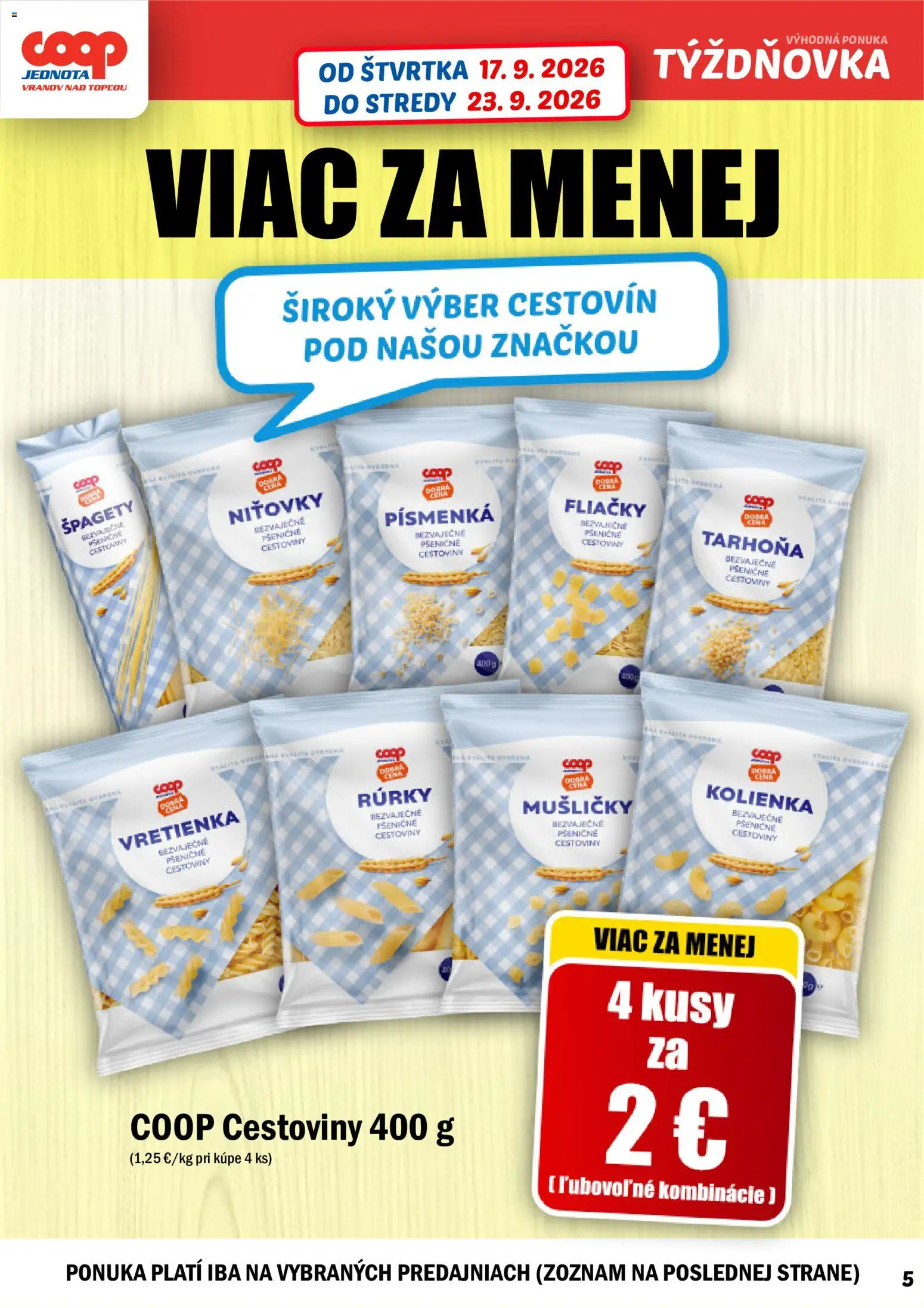 Nové COOP Jednota akcie – leták je platný od 17.09.2026 | Strana: 5 | Produkty: Cestoviny, Tarhoňa, Špagety