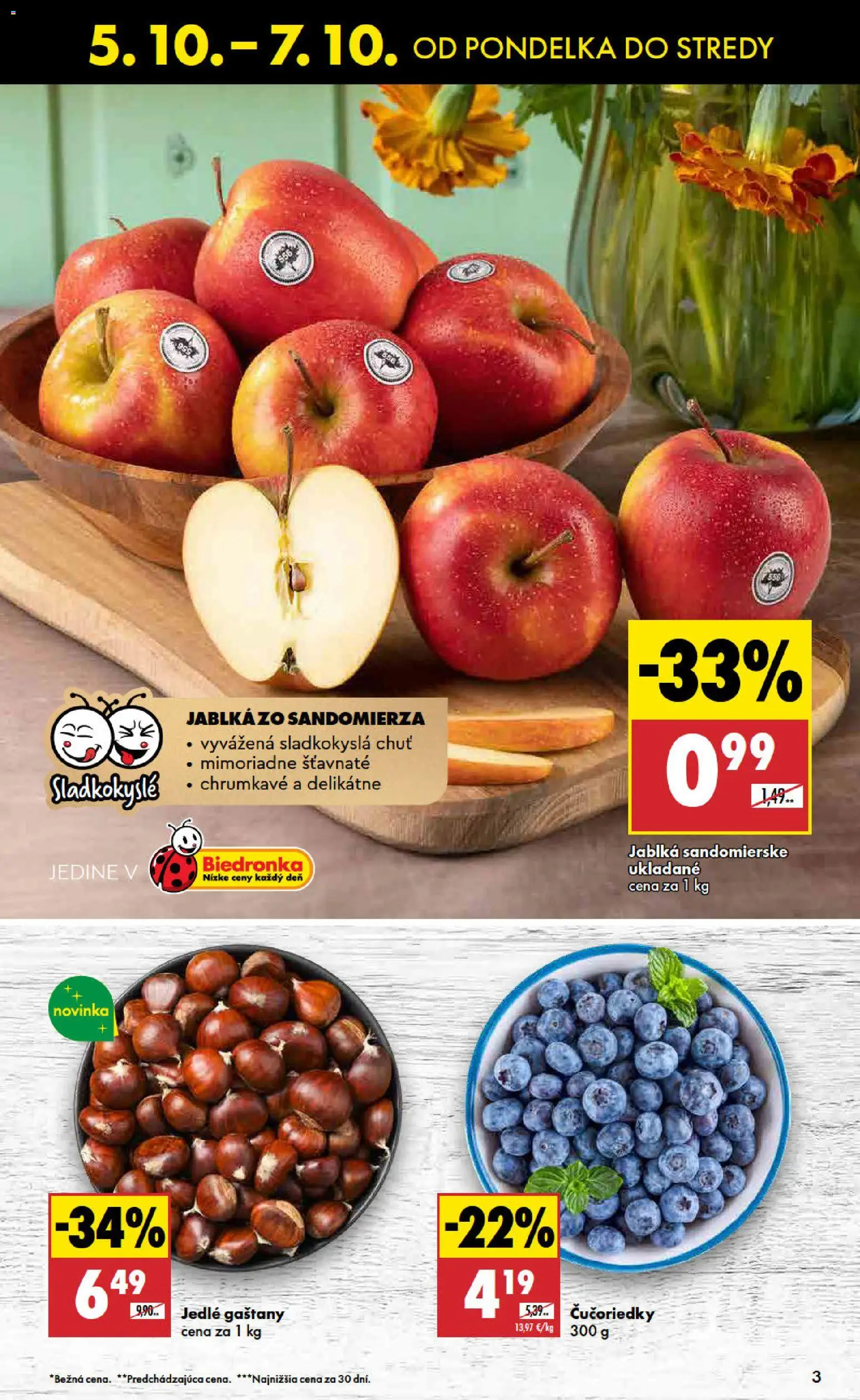 Nové Biedronka akcie – leták je platný od 05.10.2026 | Strana: 3 | Produkty: Gaštany, Jablká, Čučoriedky