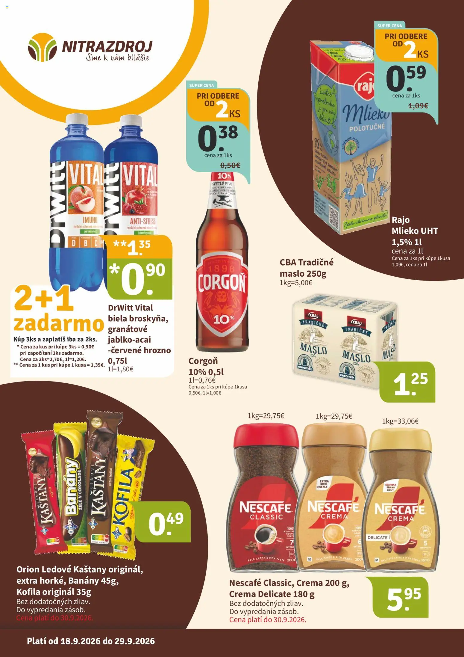 Nové Nitrazdroj akcie – leták je platný od 18.09.2026 | Strana: 1 | Produkty: Maslo, Pivo, Banány, Corgoň
