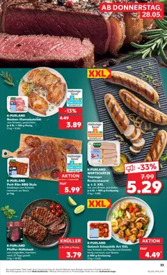 K-PURLAND Gulasch Schaschlik Art XXL, vom Schwein, mit Paprika und Zwiebeln, fertig mariniert, zum Braten je 800-g-Großpackg. ab 28.05.2026 gültig | Seite: 33 | Produkte: Paprika, Gulasch, Steak