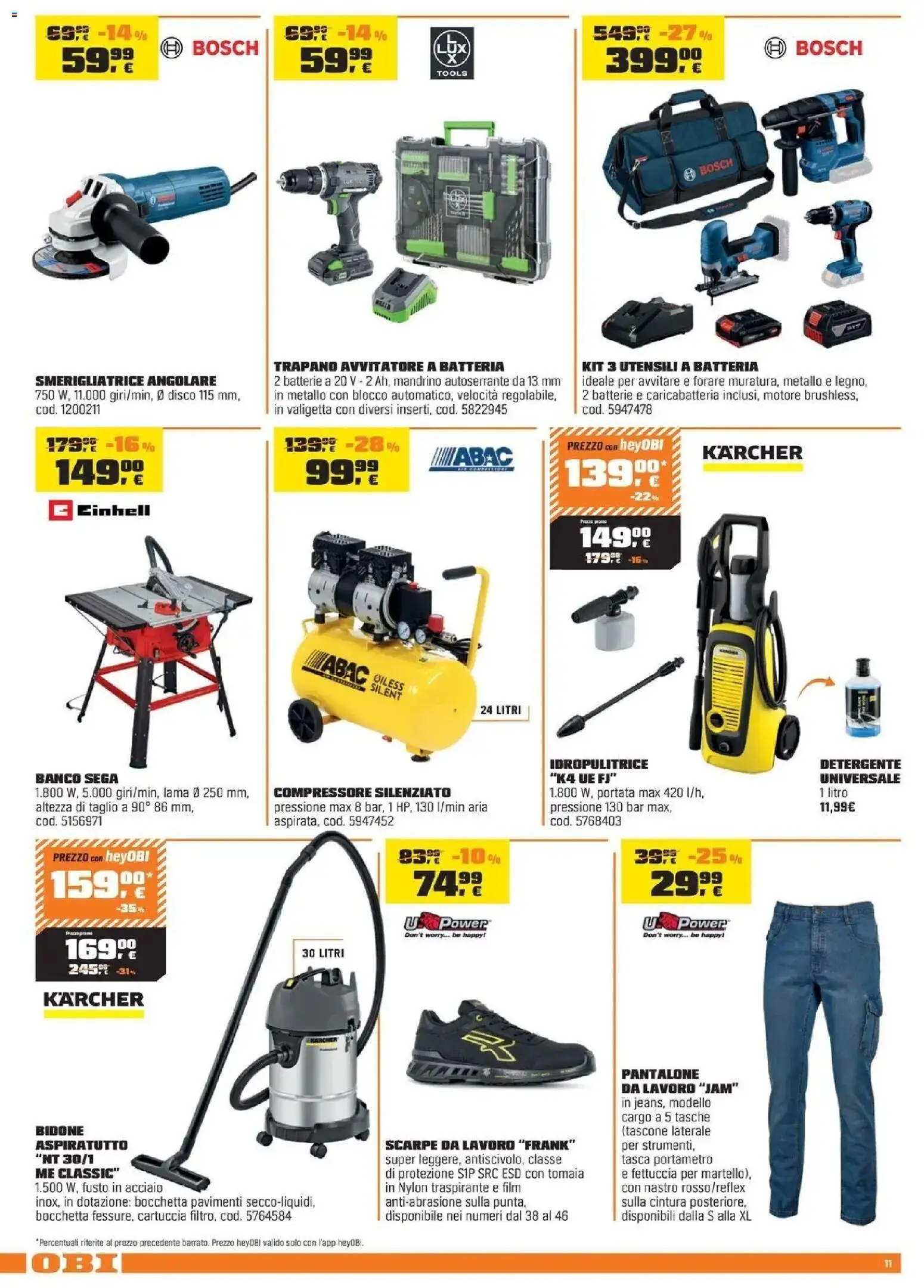 Volantino OBI del 03.04.2026 | Pagina: 11 | Prodotti: Avvitatore, Compressore, Idropulitrice, Sega