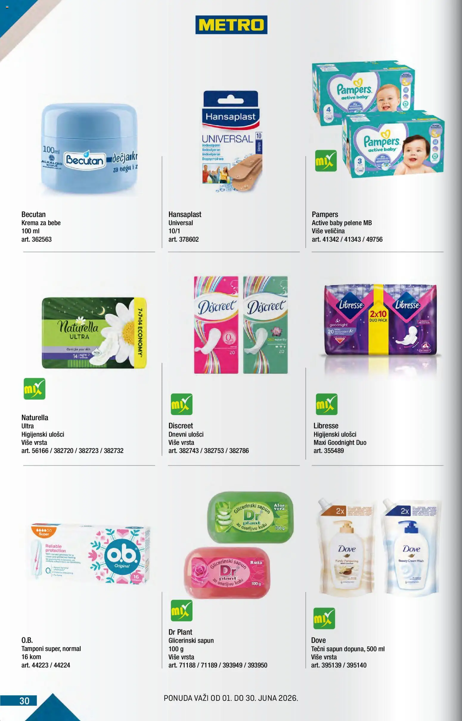 Metro katalog - važi od 01.06.2026 | Strana: 30 | Proizvode: Pampers, Higijenski ulošci, Krema, Pelene