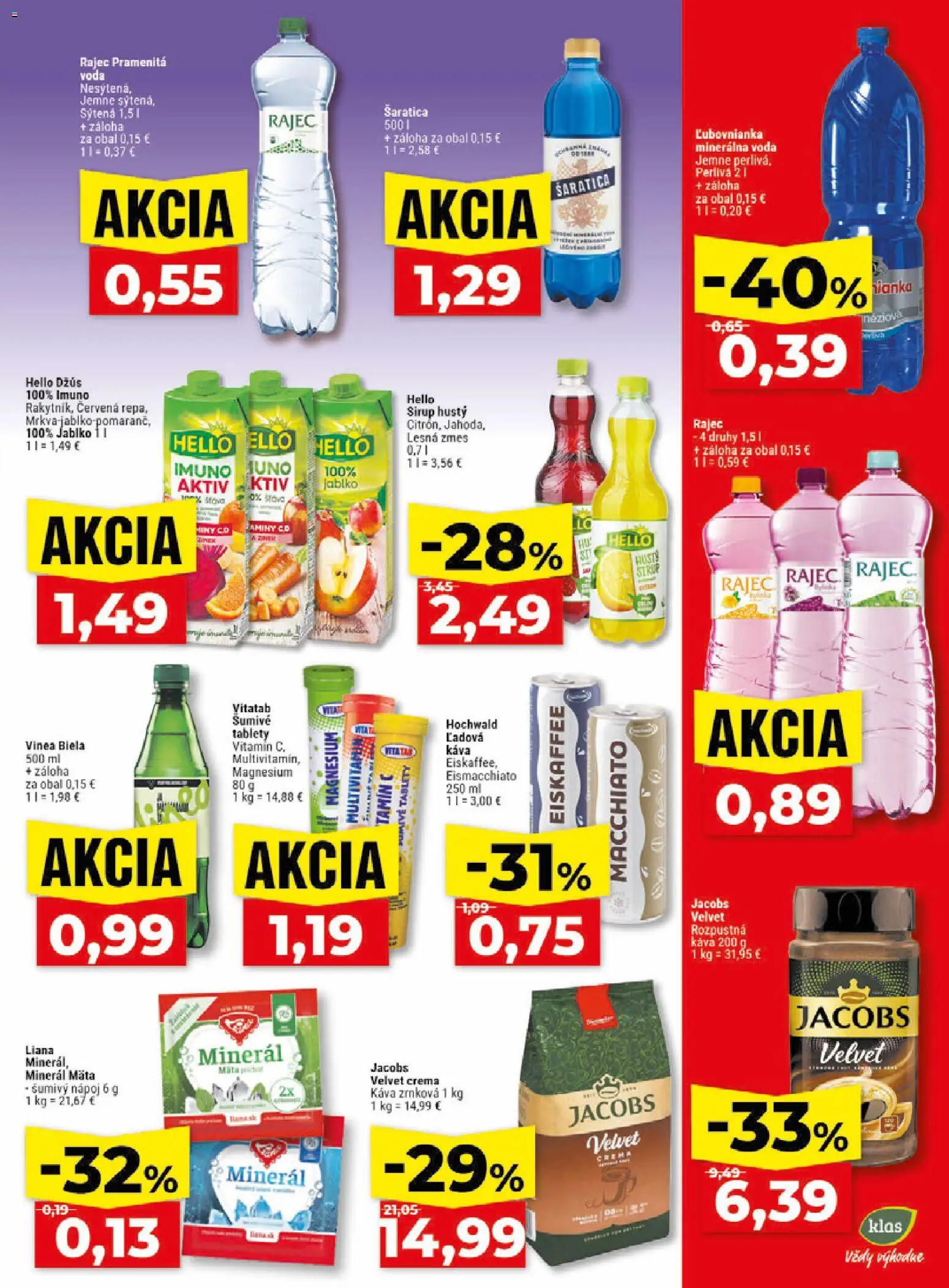 Nové Klas akcie – leták je platný od 06.07.2026 | Strana: 24 | Produkty: Káva, Rajec, Voda, Minerálna voda
