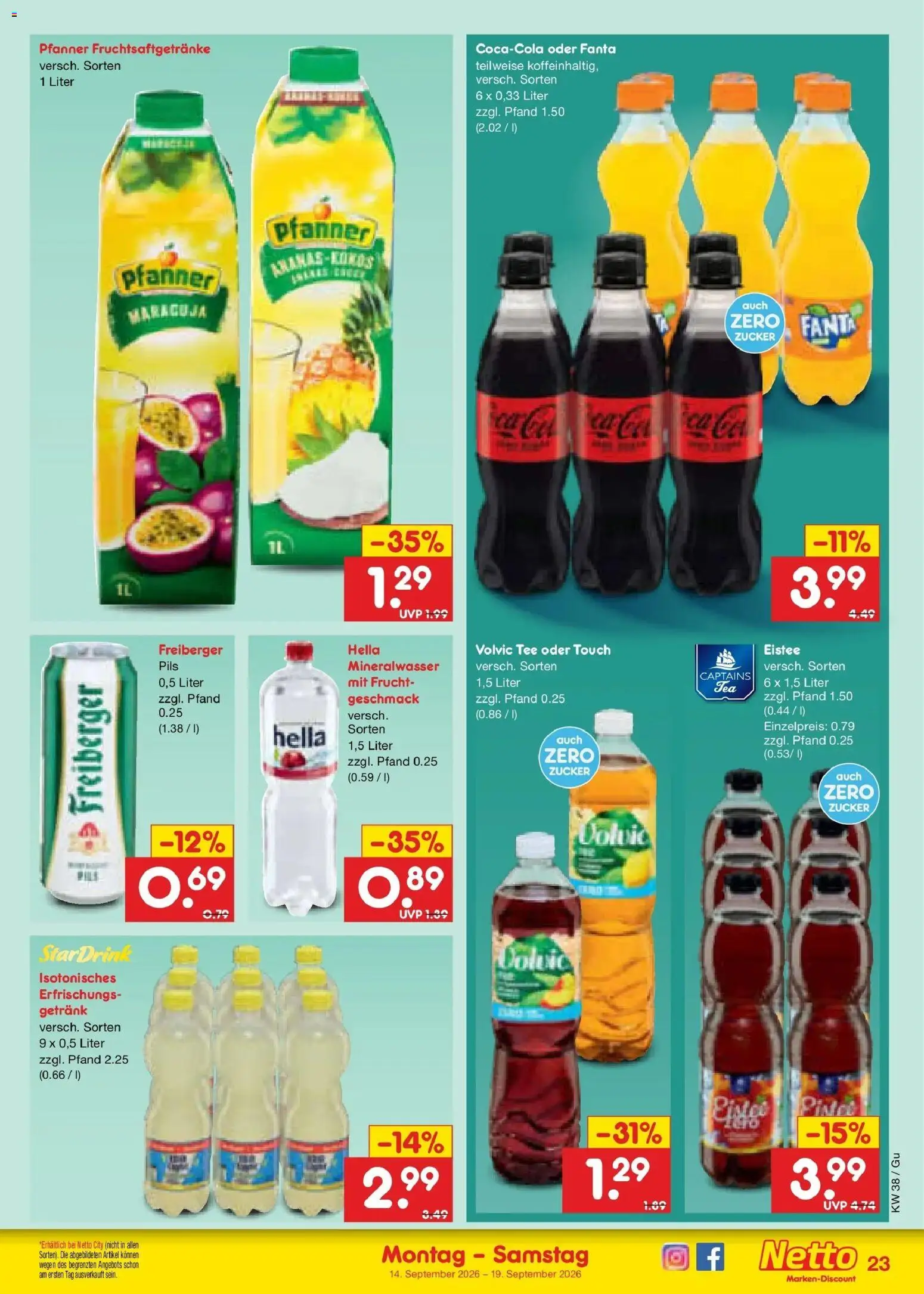 Netto Marken-Discount Prospekt Augustusburg – gültig ab 14.09.2026 | Seite: 33 | Produkte: Fanta, Volvic tee, Hella, Tee